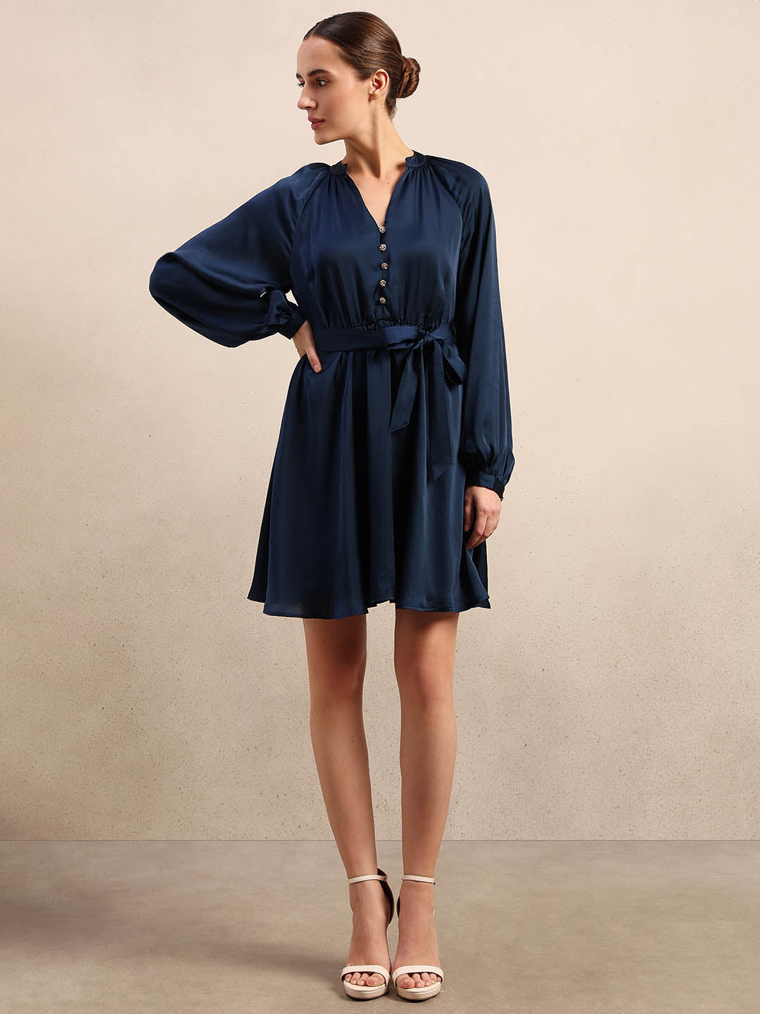 Long Sleeves Belted Mini Dress - Blue
