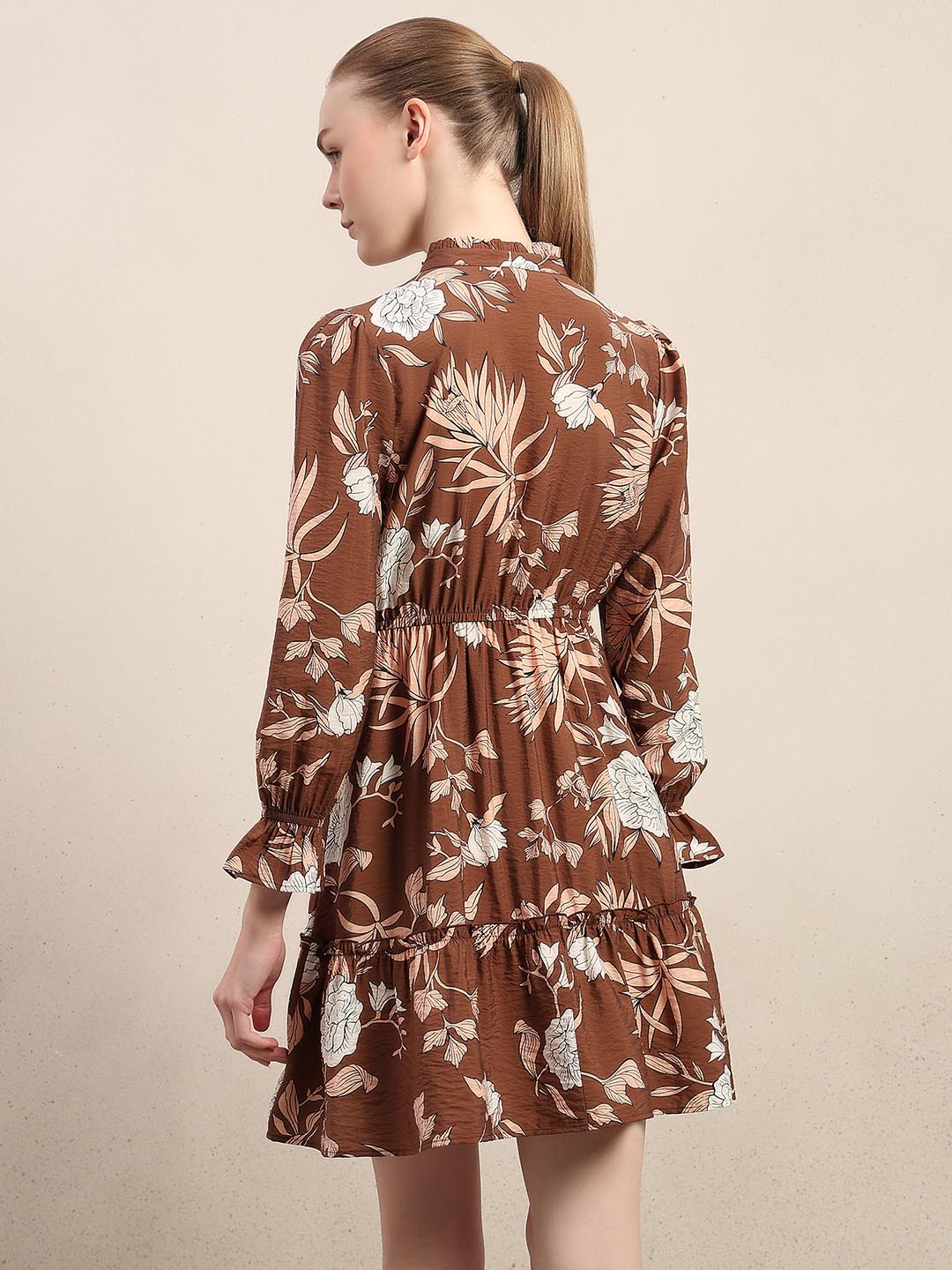 Brown Floral Print Mini Dress