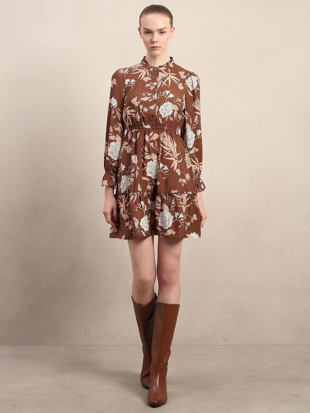 Brown Floral Print Mini Dress