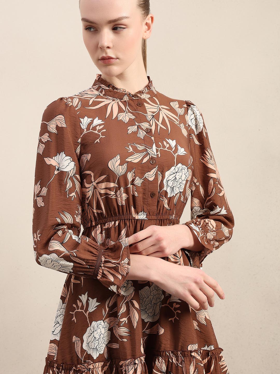 Brown Floral Print Mini Dress