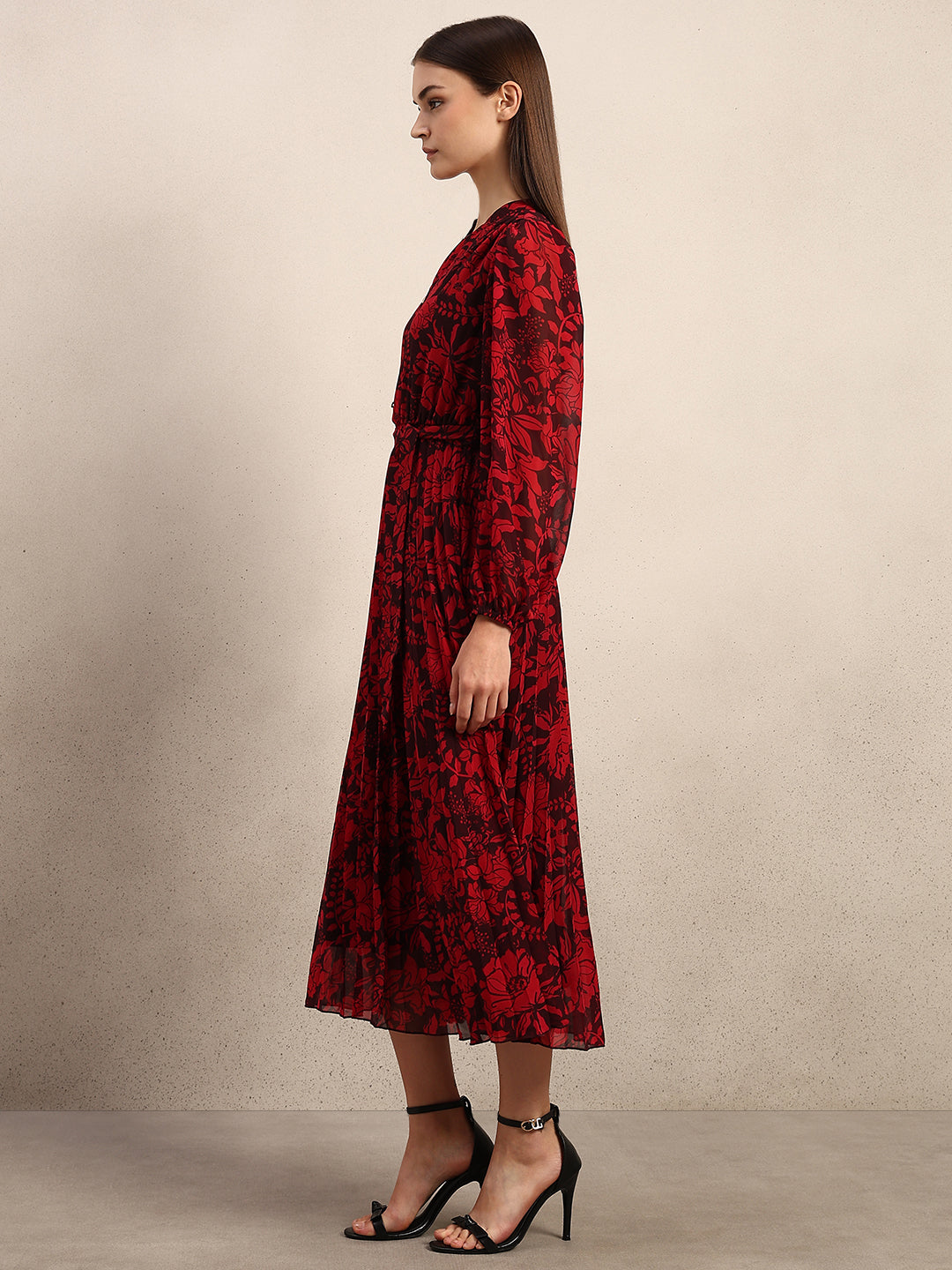 Red Floral Pleated Midi Dress