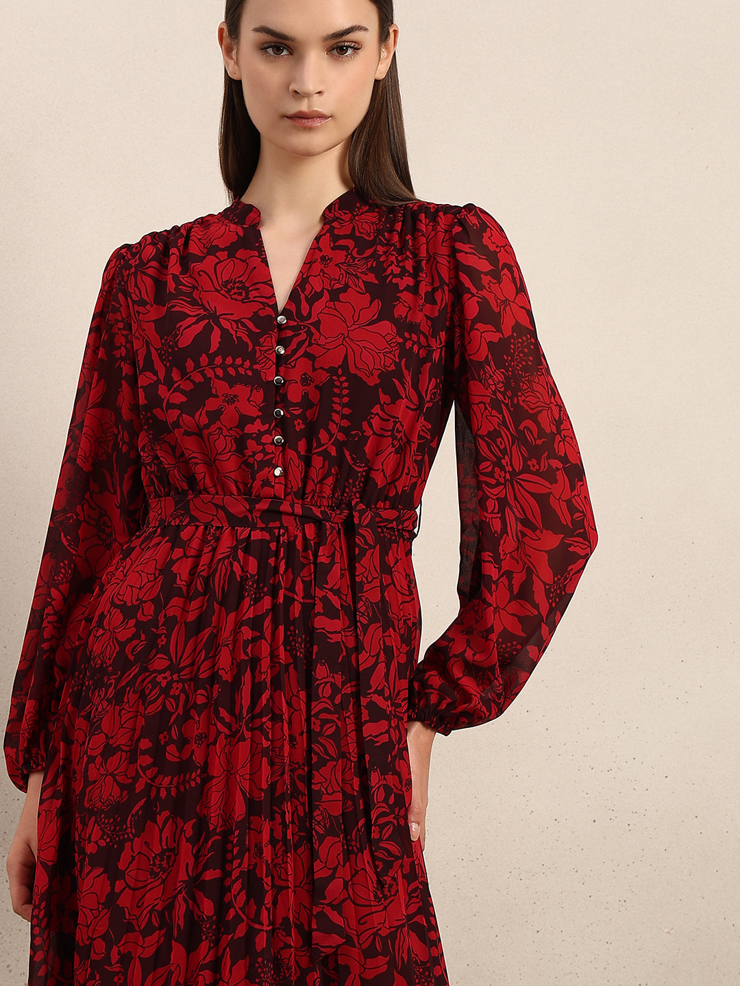 Red Floral Pleated Midi Dress