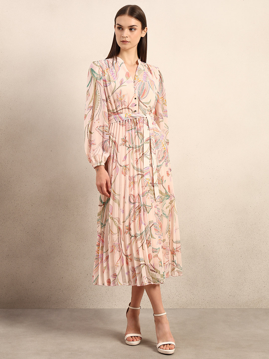 Peach Floral Pleated Midi Dress