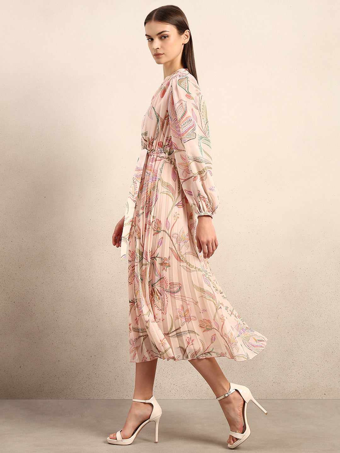Peach Floral Pleated Midi Dress