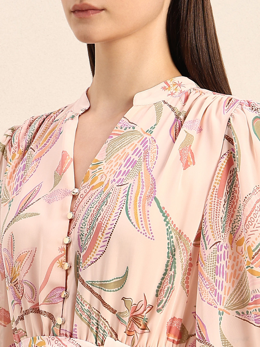 Peach Floral Pleated Midi Dress