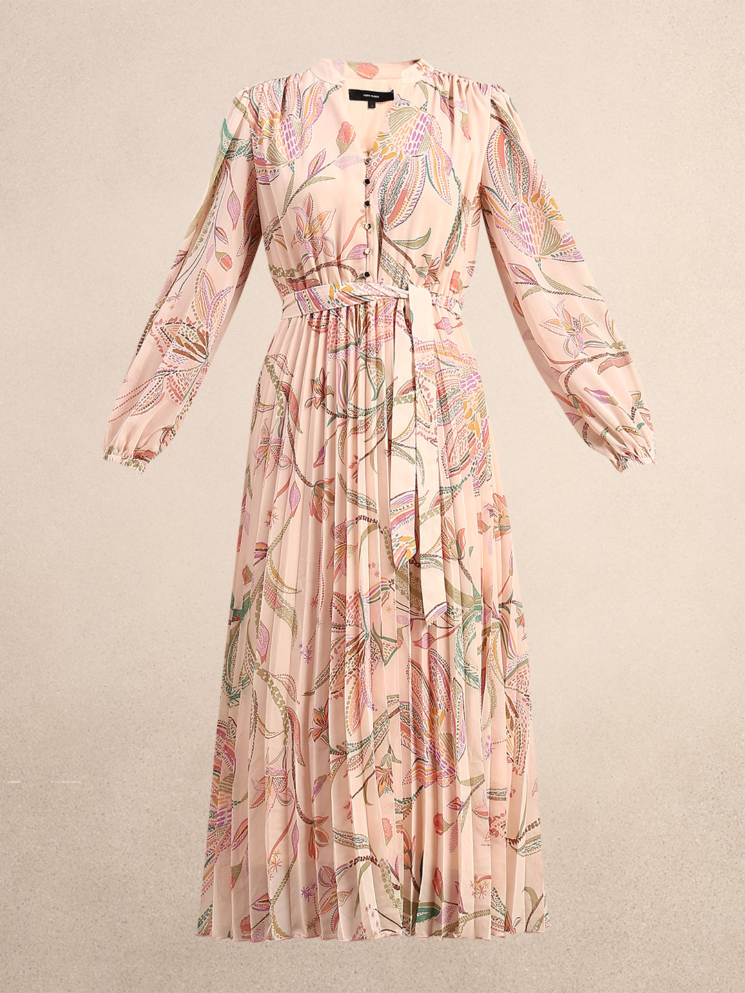 Peach Floral Pleated Midi Dress