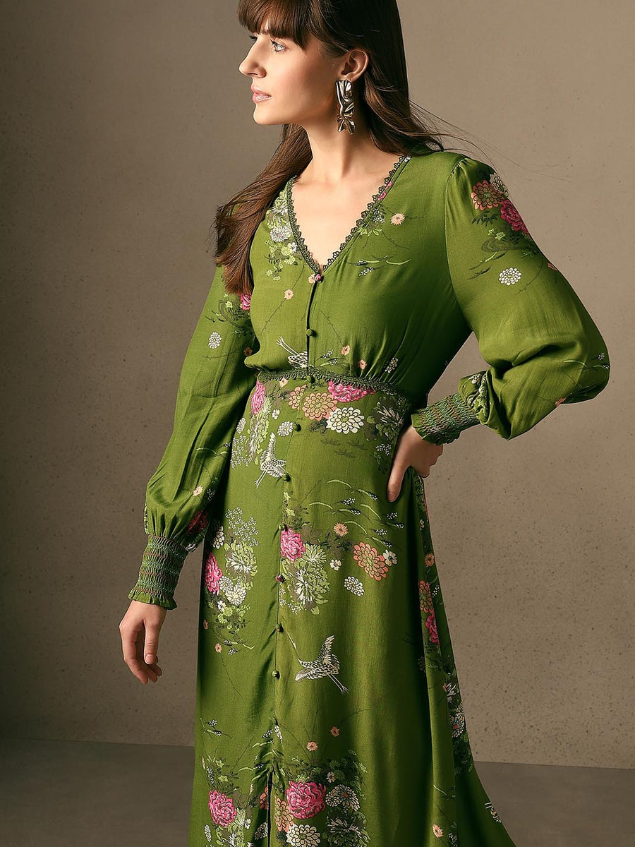 Green Floral Lace Midi Dress