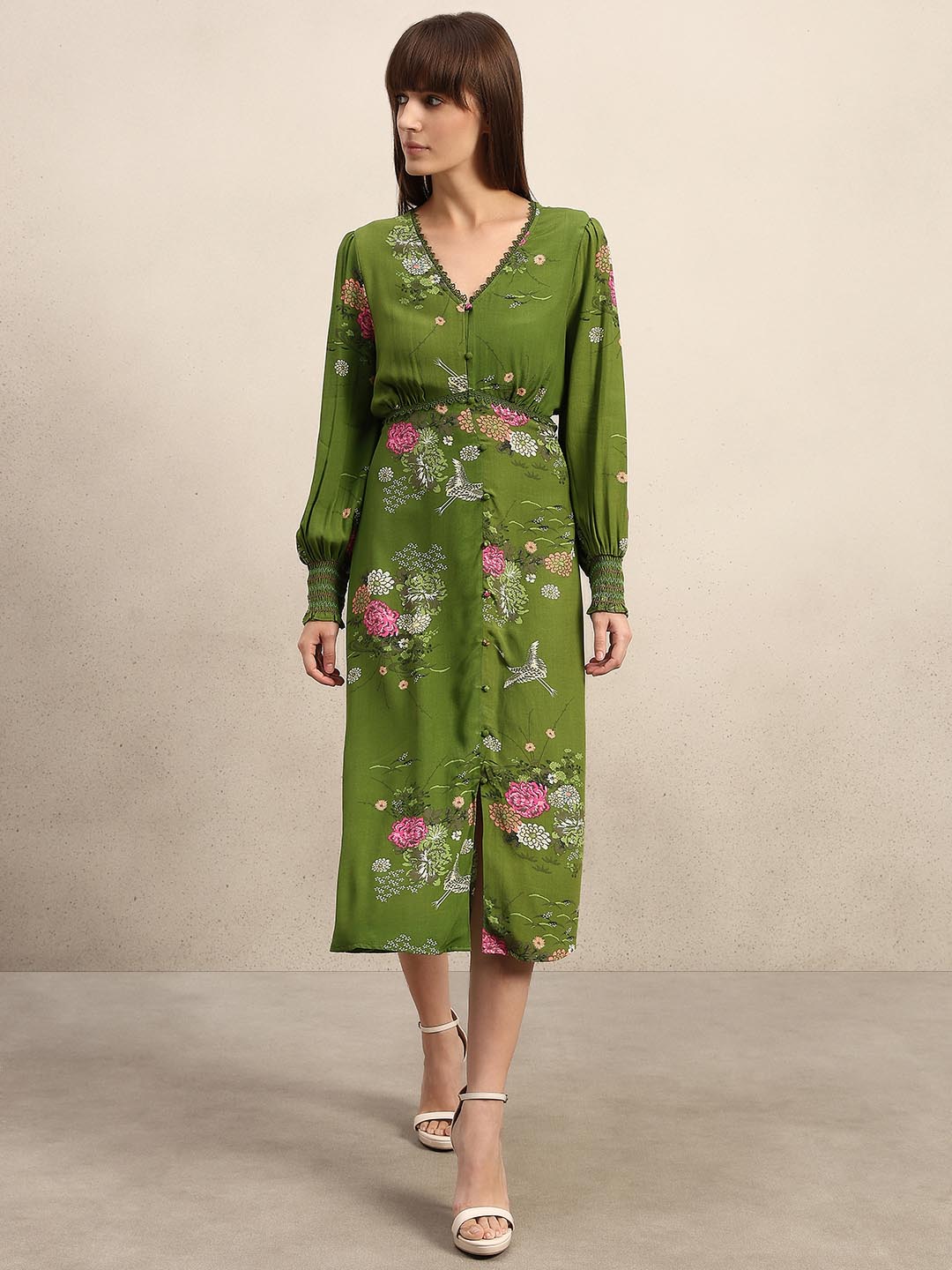 Green Floral Lace Midi Dress