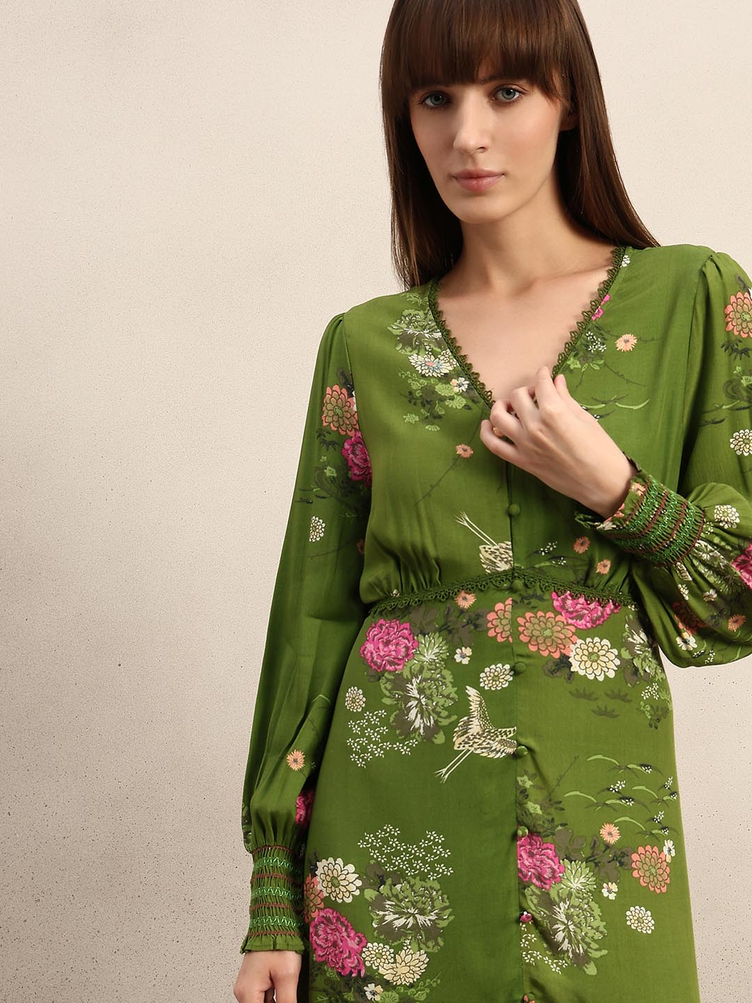 Green Floral Lace Midi Dress