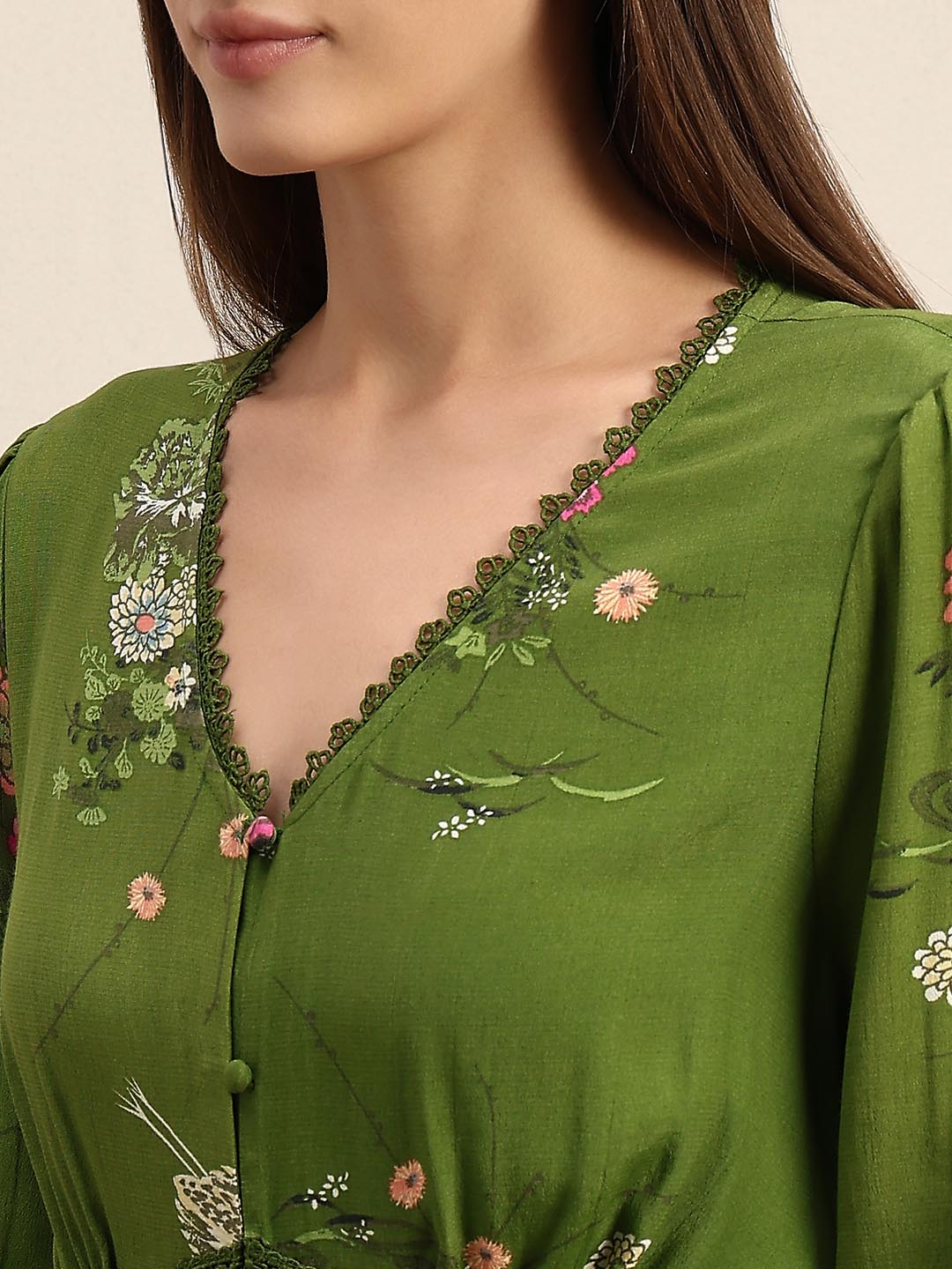 Green Floral Lace Midi Dress