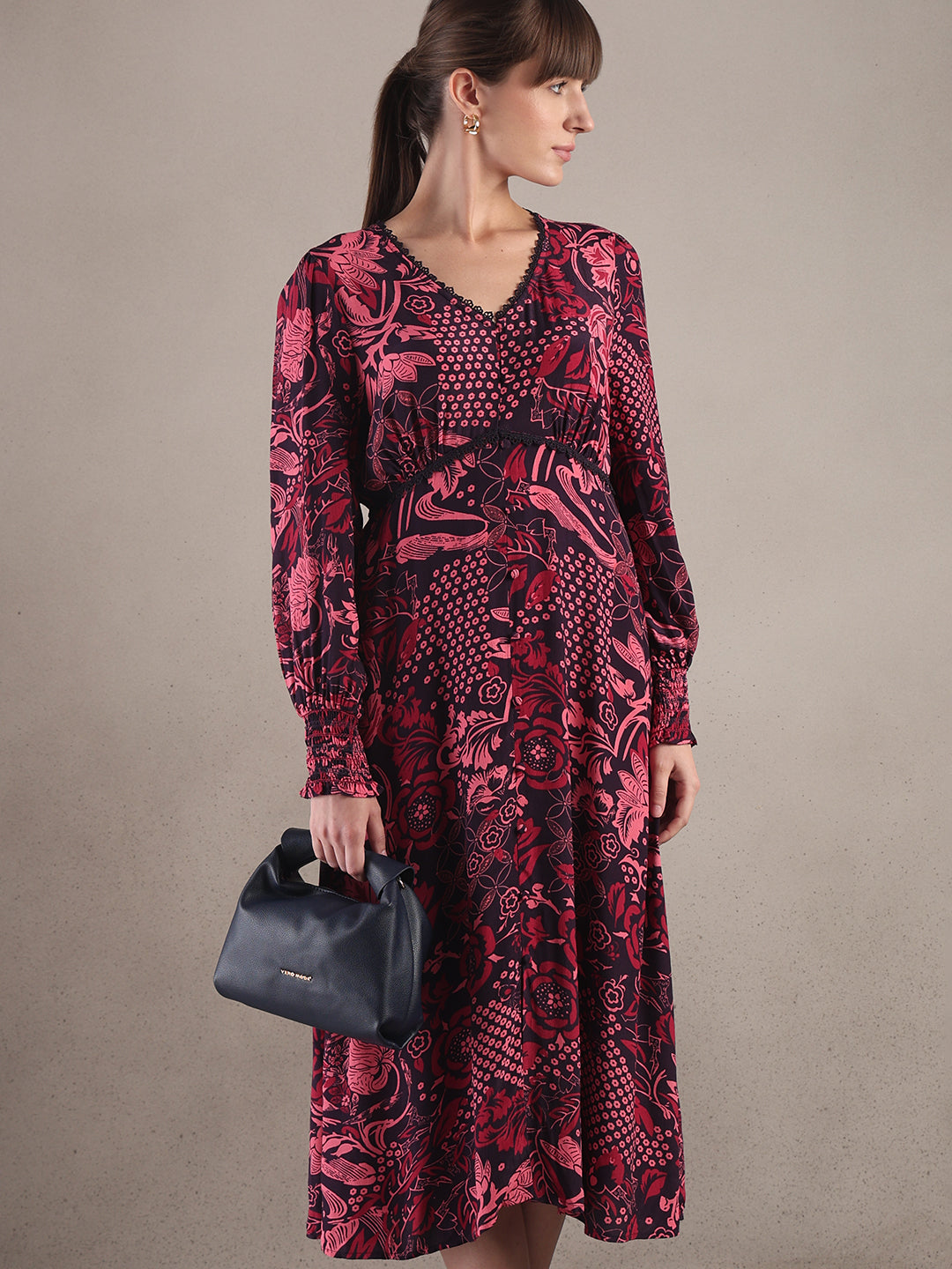 Printed V-Neck Full Sleeves Dress