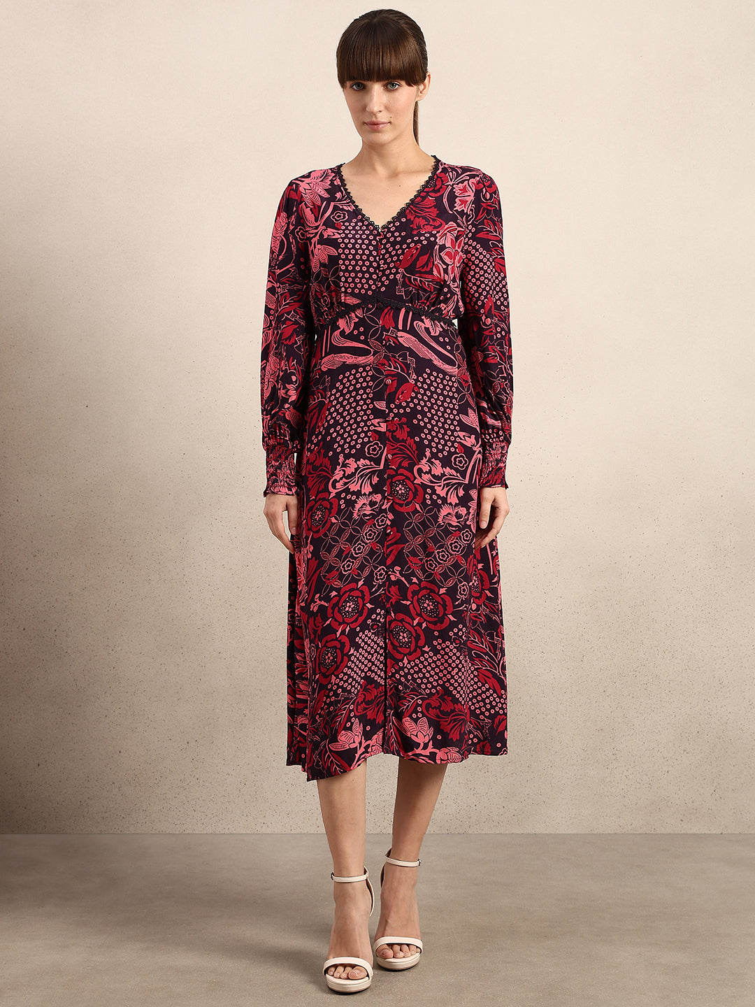 Printed V-Neck Full Sleeves Dress