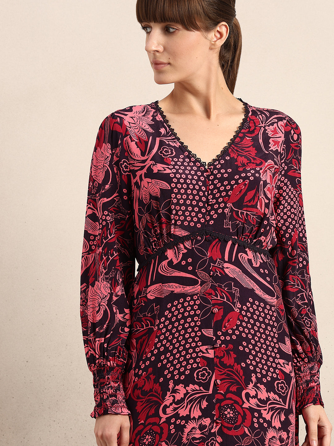Printed V-Neck Full Sleeves Dress