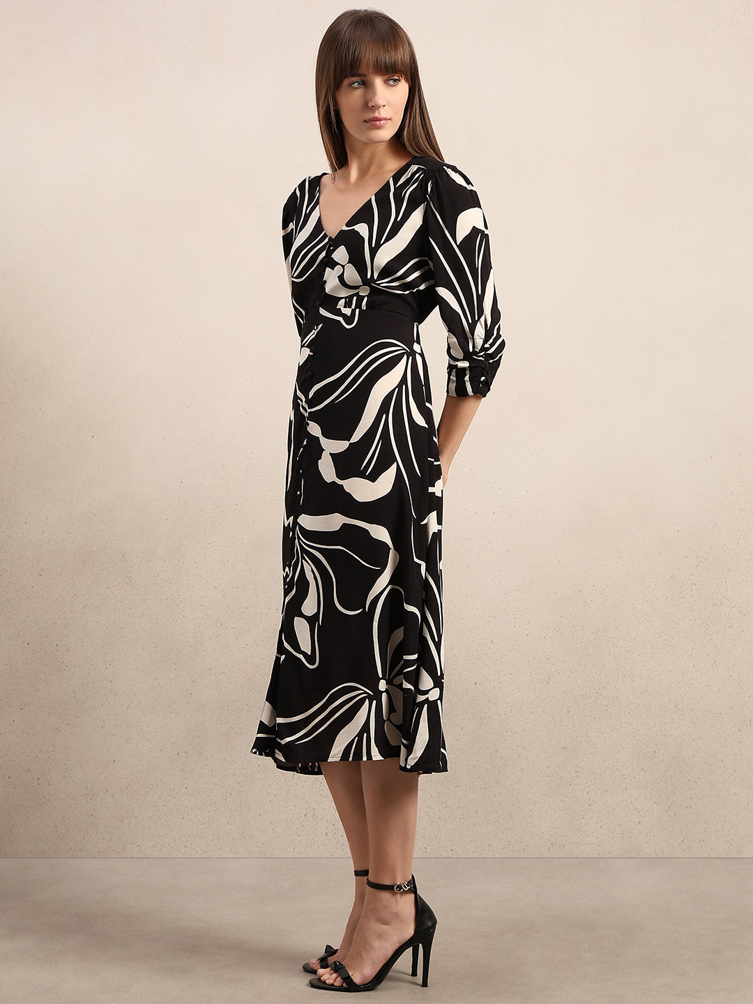 Printed V-Neck Midi Dress