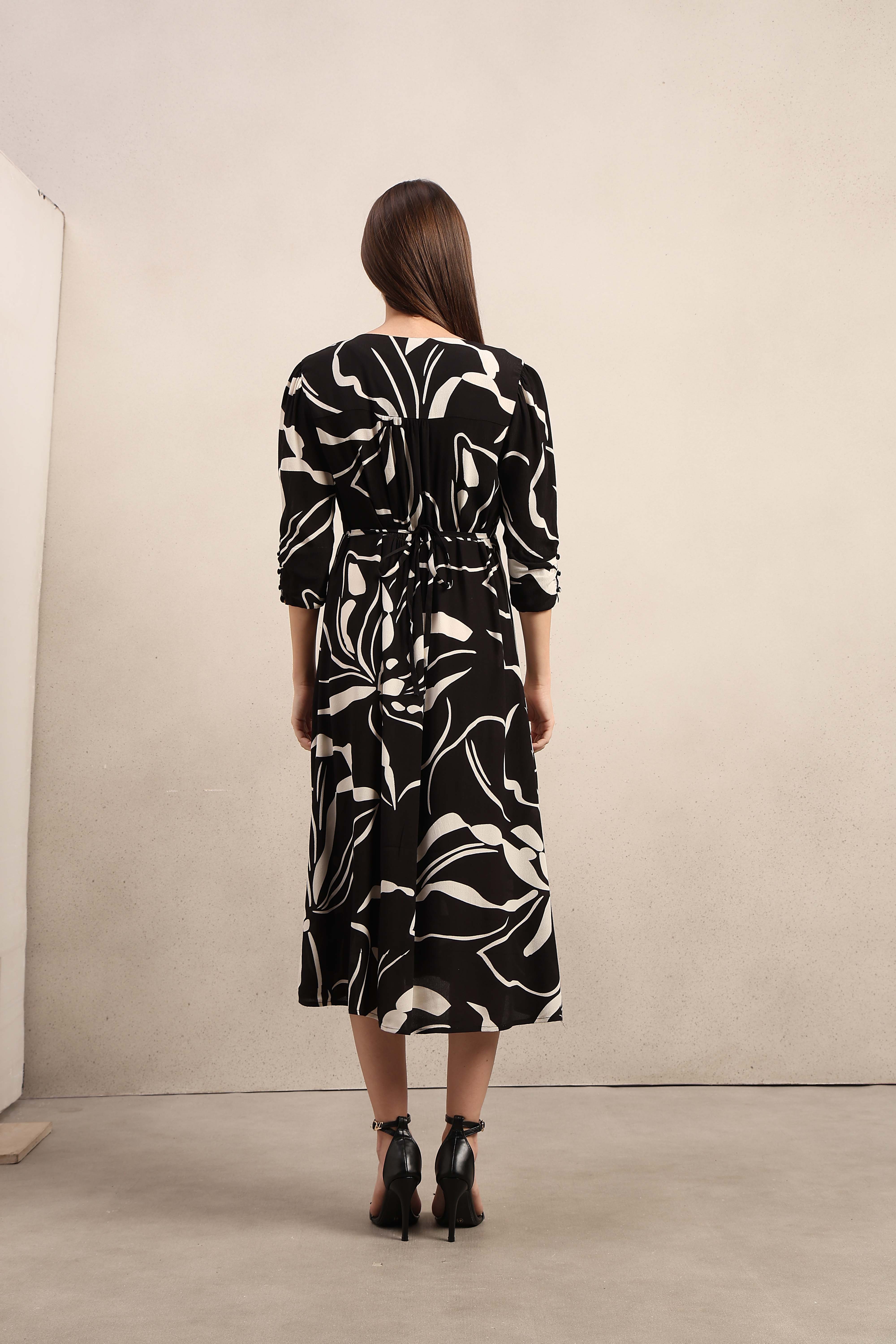 Printed V-Neck Midi Dress