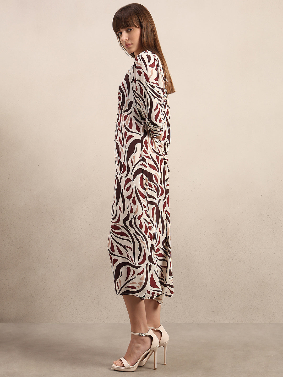 Ecru Printed V-Neck Dress