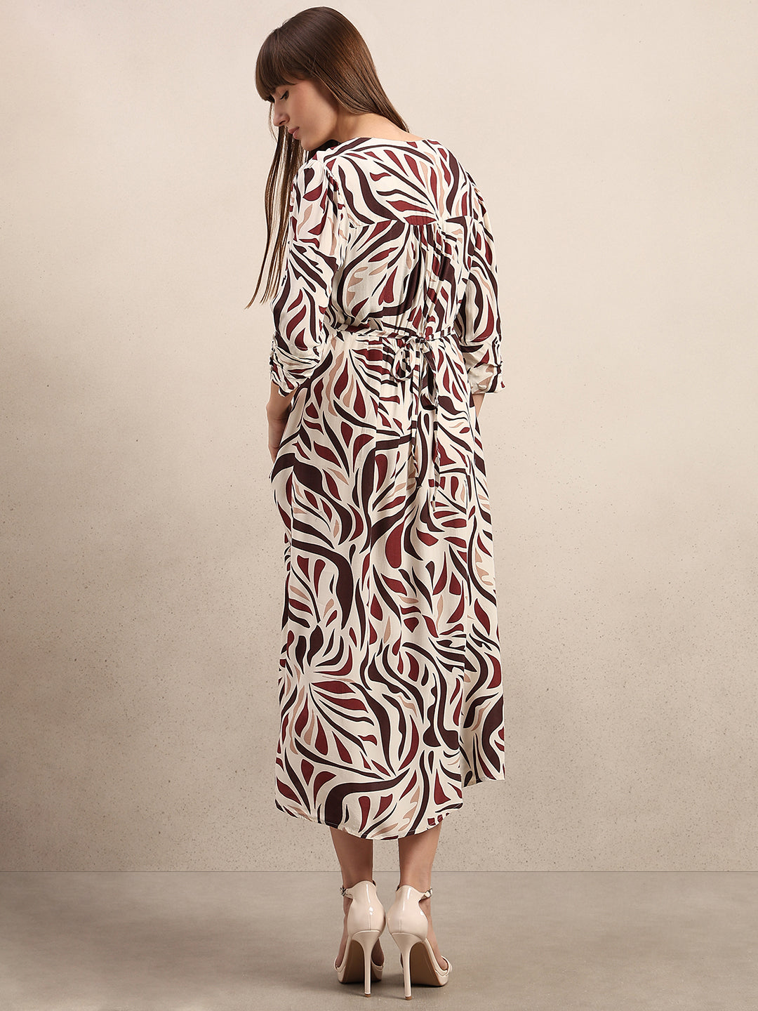 Ecru Printed V-Neck Dress