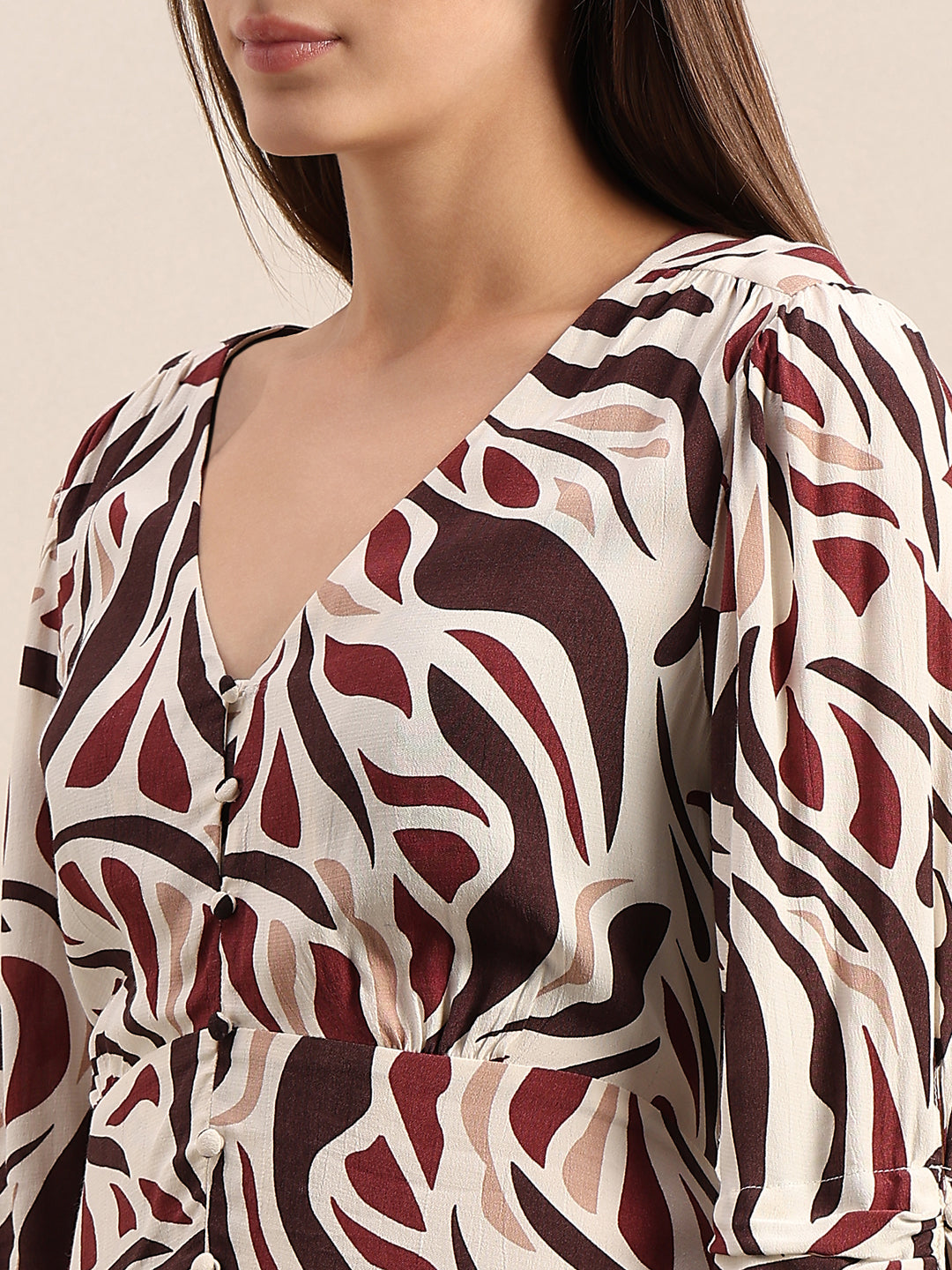 Ecru Printed V-Neck Dress