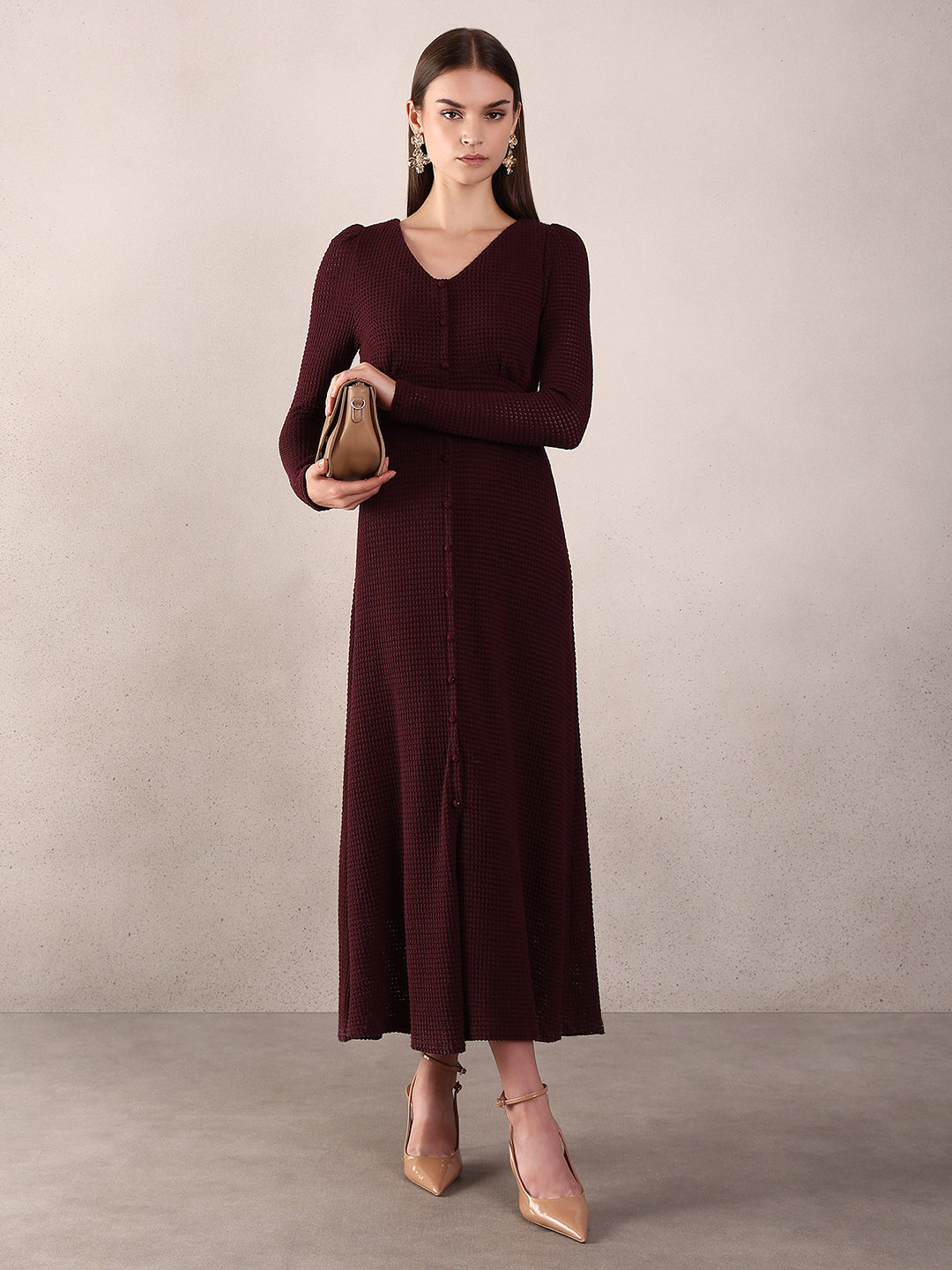 Burgundy Textured Midi Dress - VERO MODA Burgundy Textured Midi Dress - VERO MODA