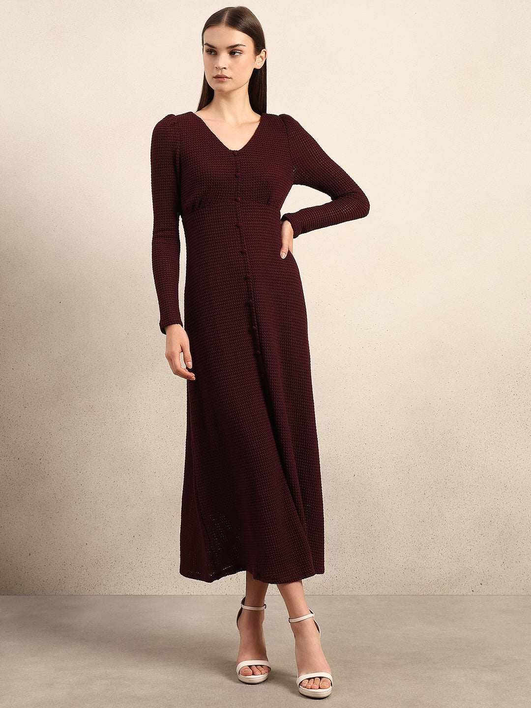 Burgundy Textured Midi Dress