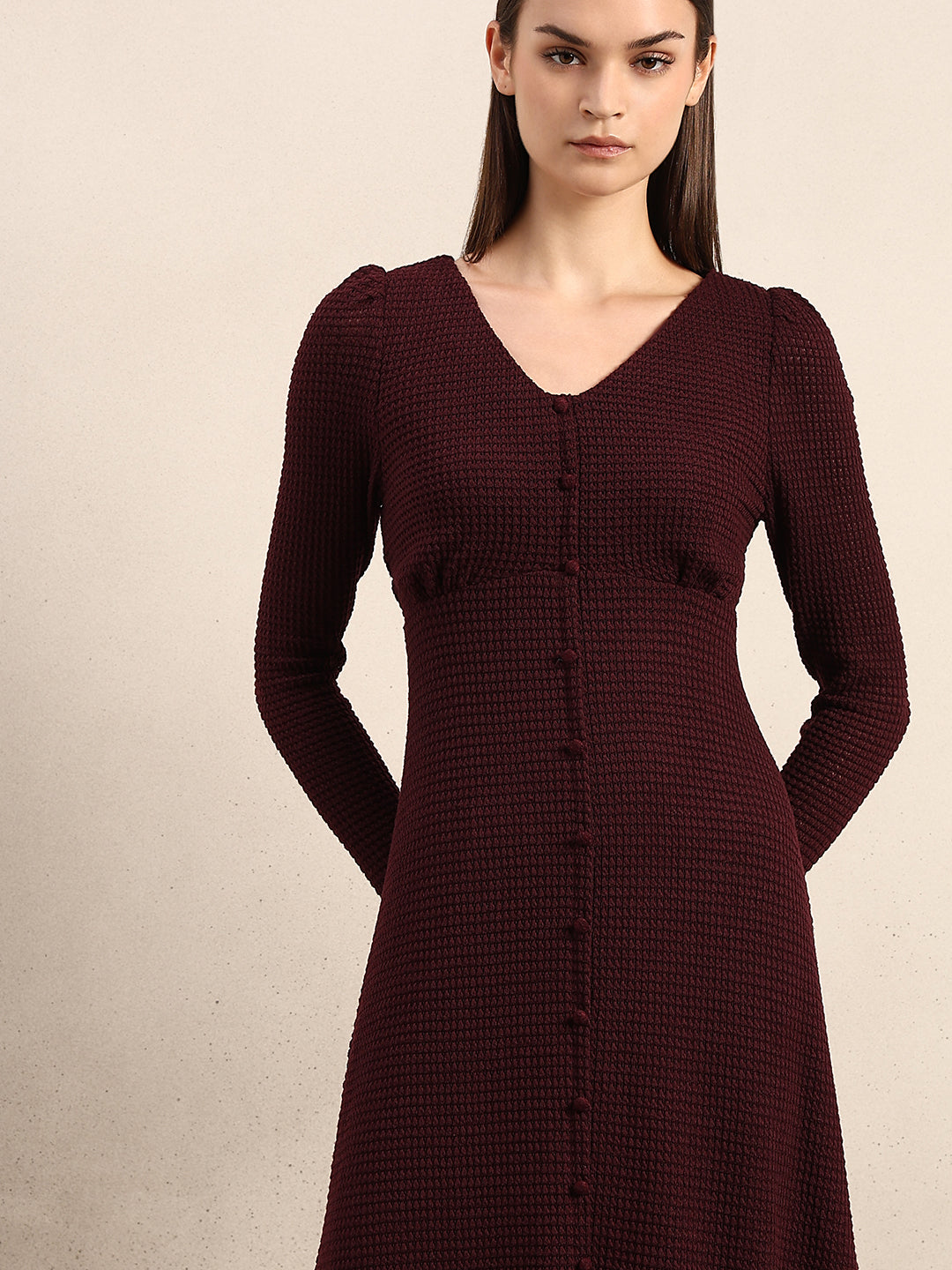 Burgundy Textured Midi Dress
