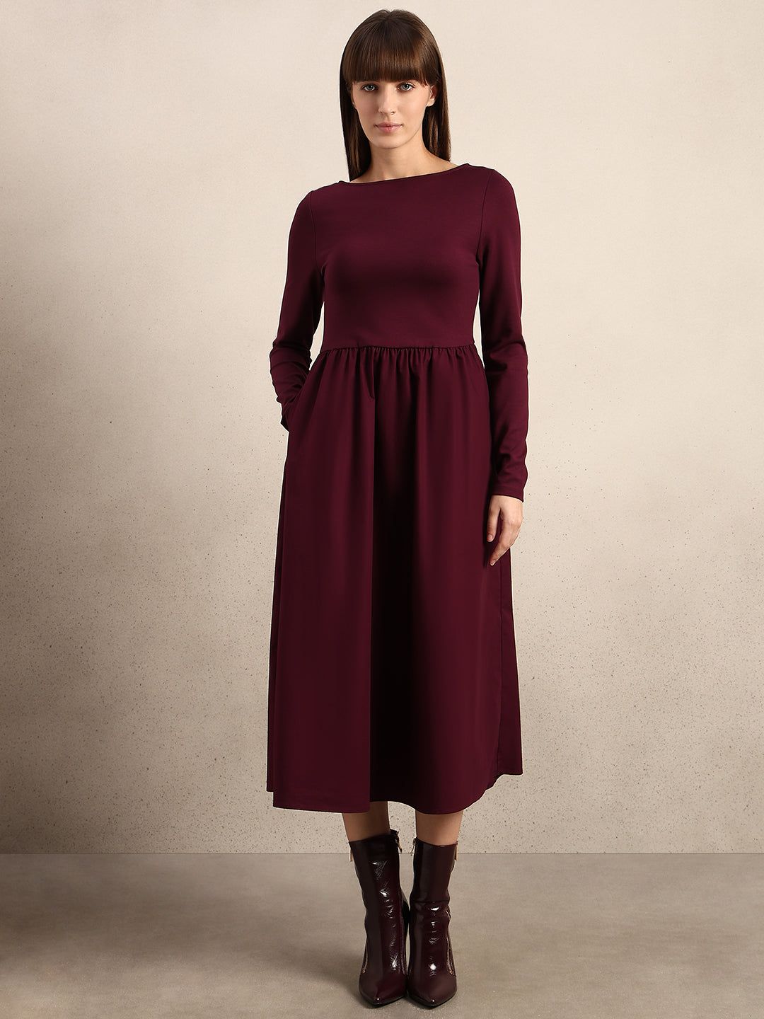 Burgundy Boat Neck Dress