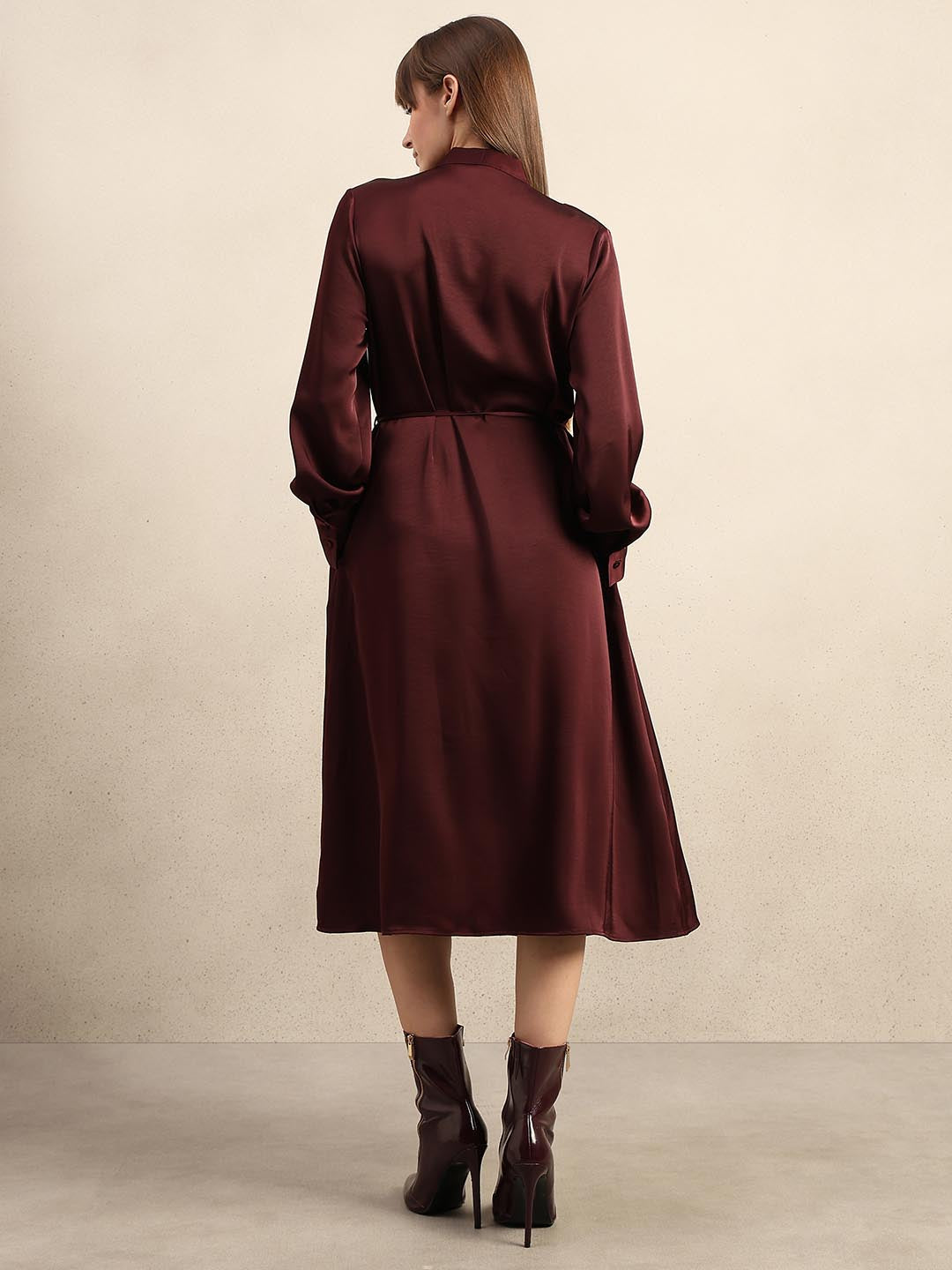 Maroon Satin Midi Dress