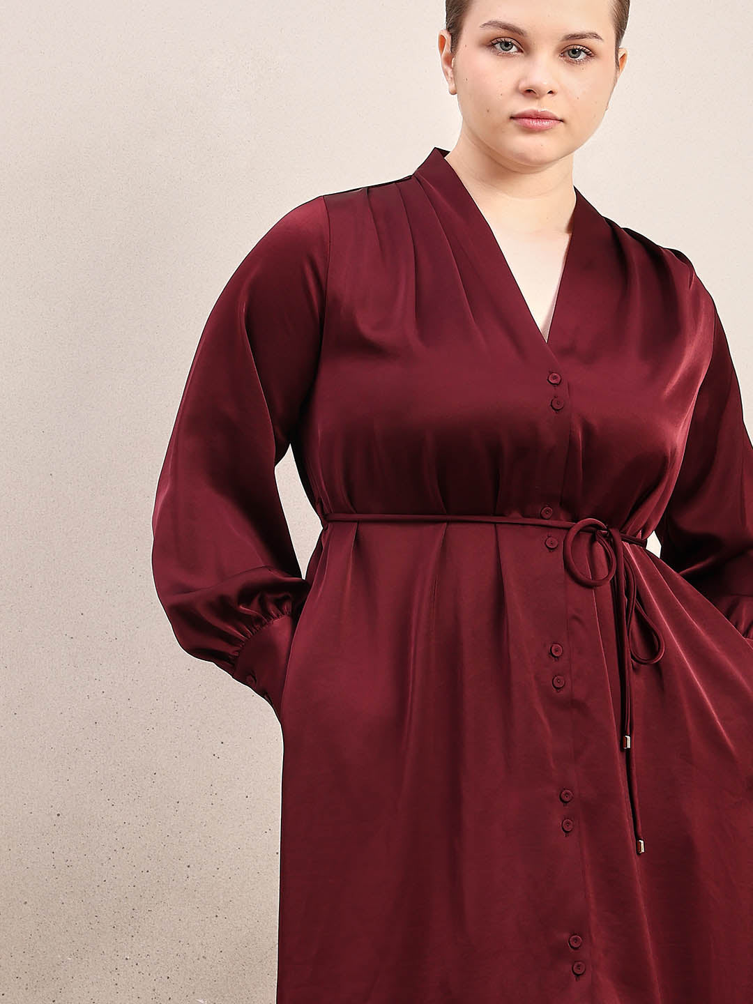 Curve Belted V-Neck Midi Dress - Maroon