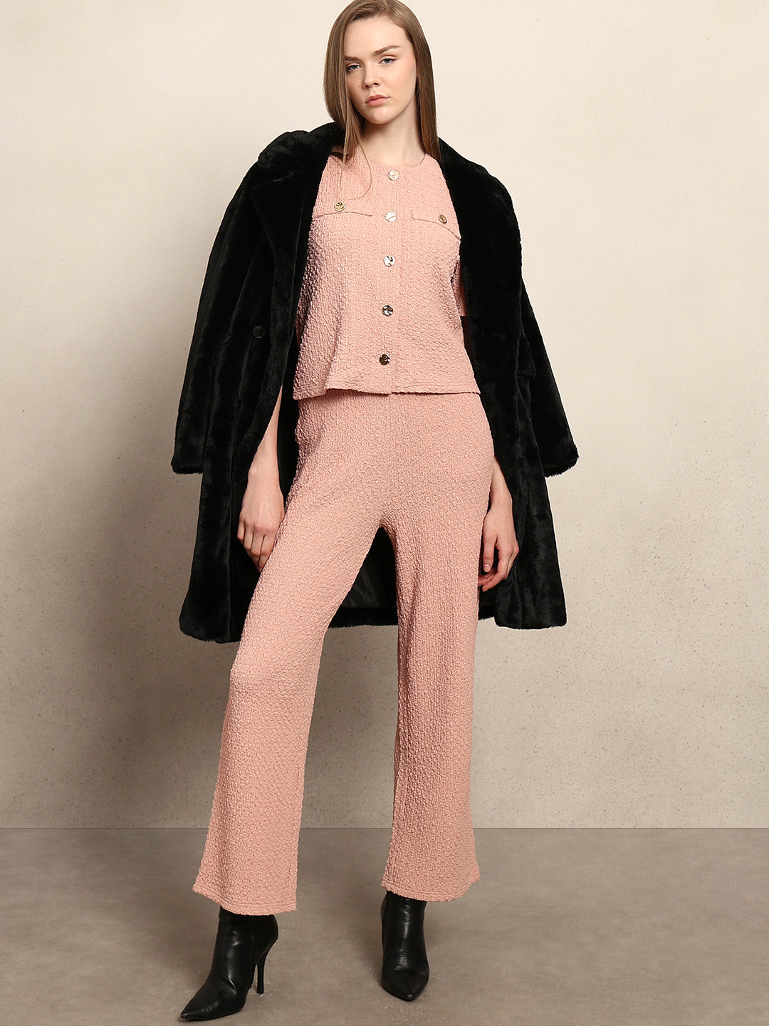 Wide Leg Textured Pants - Pink - XS