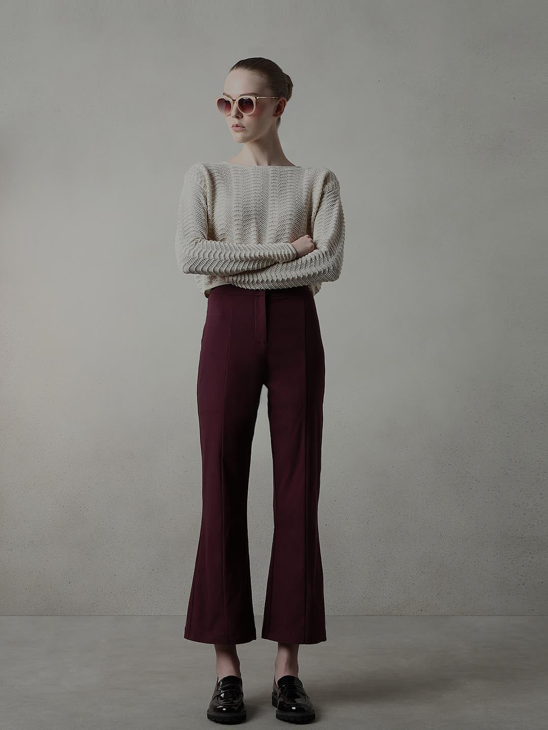Maroon Ankle Length Bootcut Pants - L