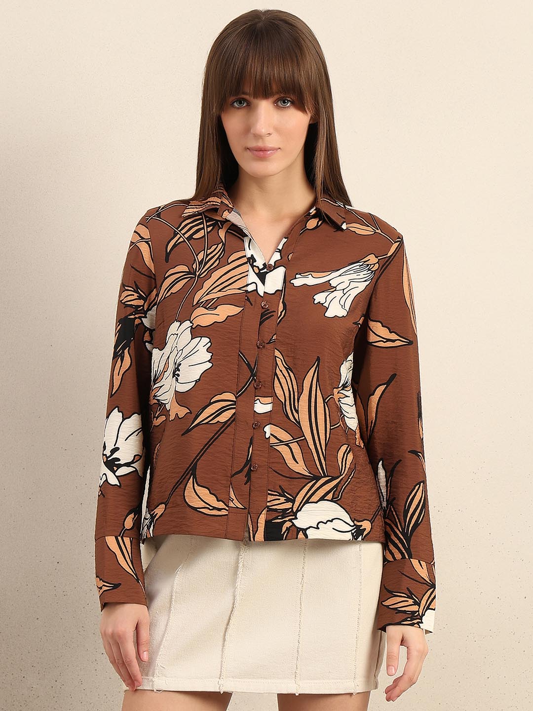 Brown Floral Printed Shirt