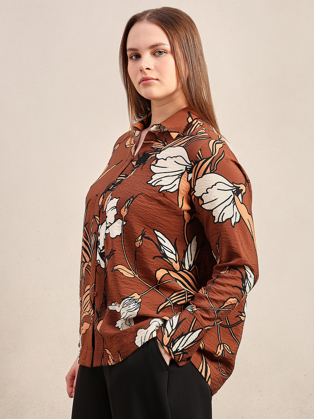 CURVE Dark Brown Floral Shirt