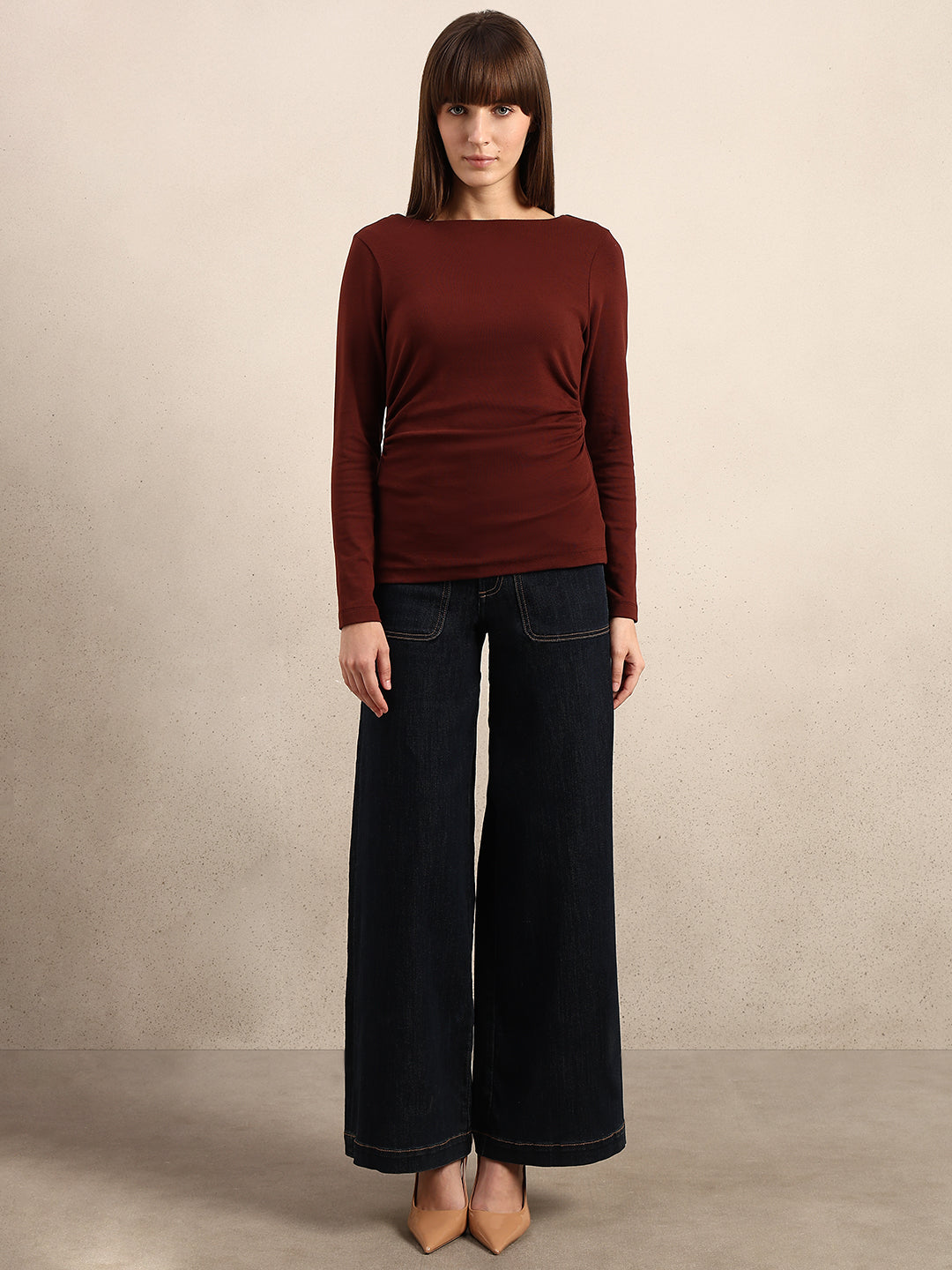 Ruched Boat Neck Top