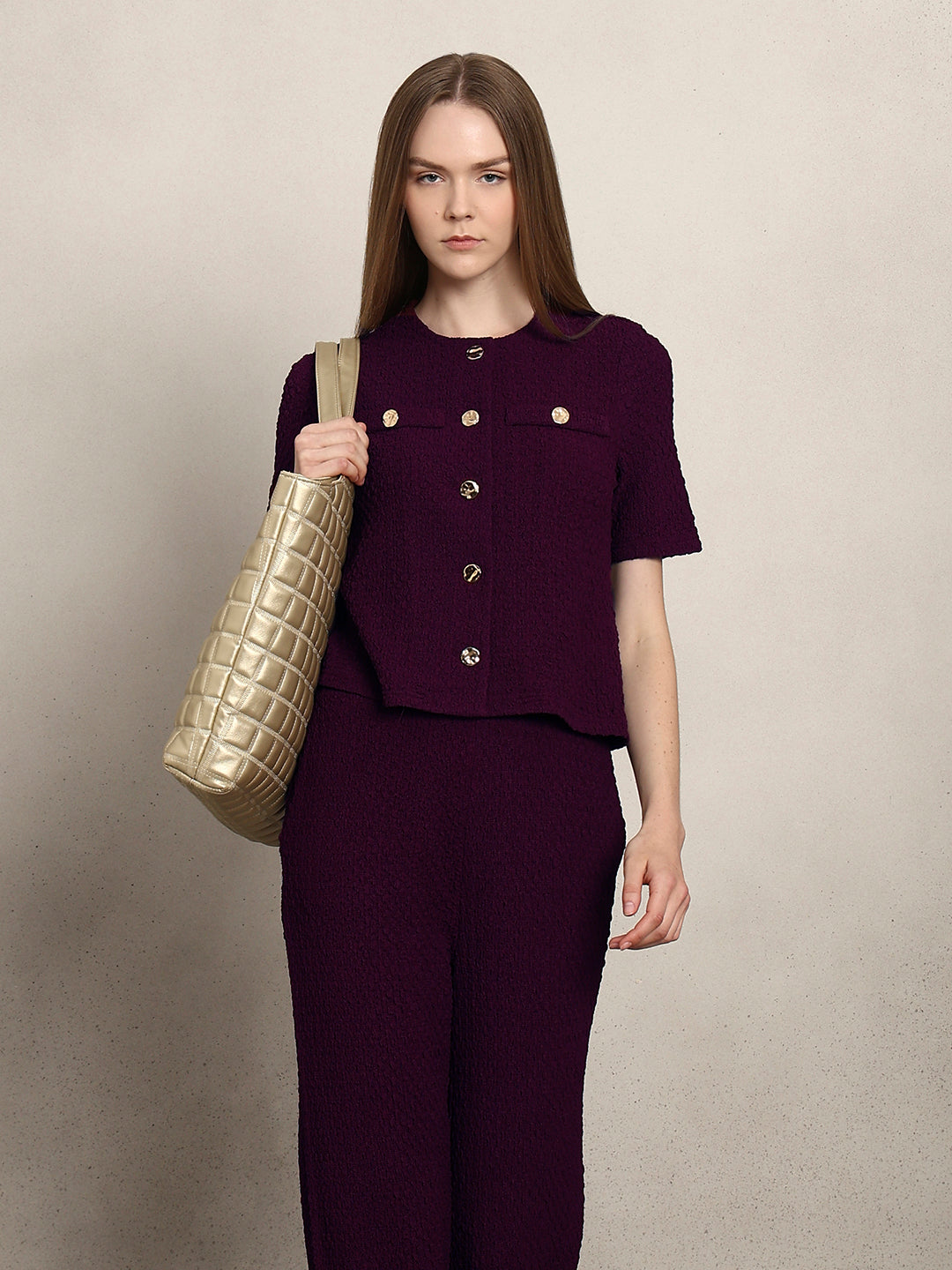 Golden Button Textured Knit Top