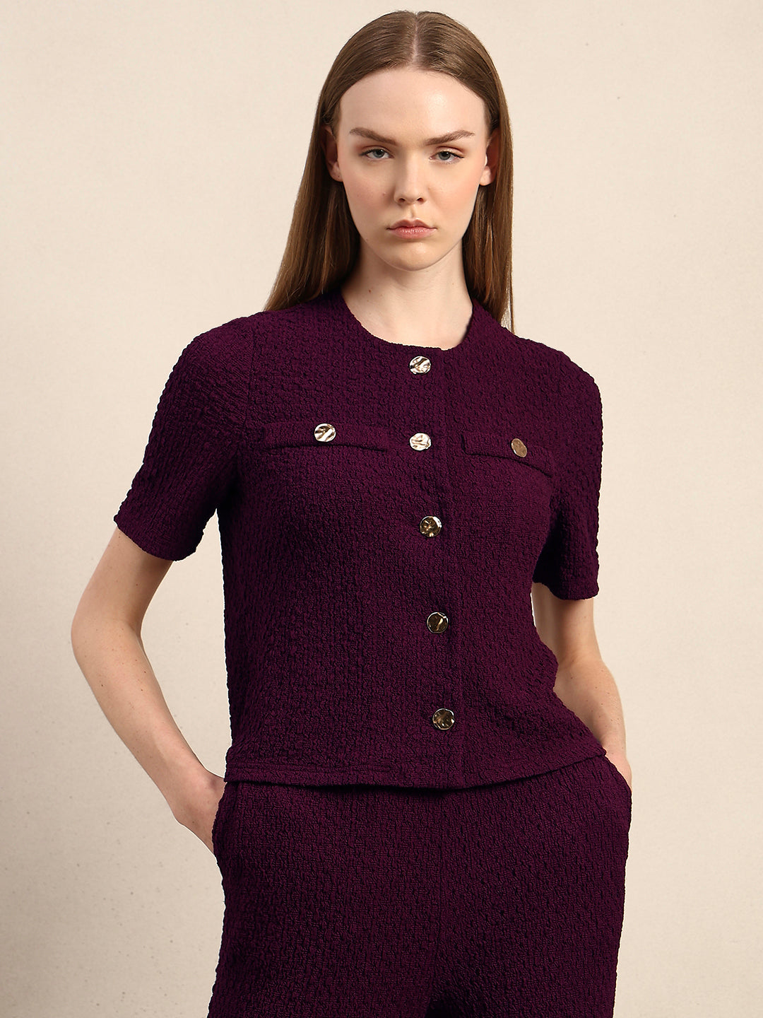 Golden Button Textured Knit Top