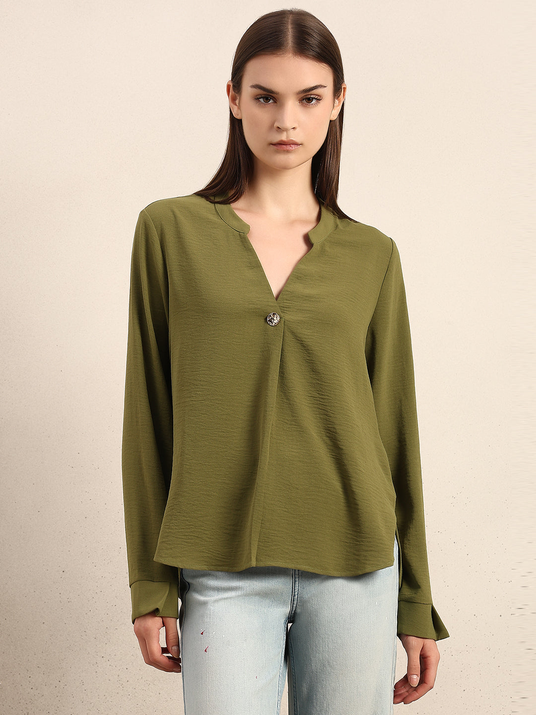 Green Button Detail V-Neck Top