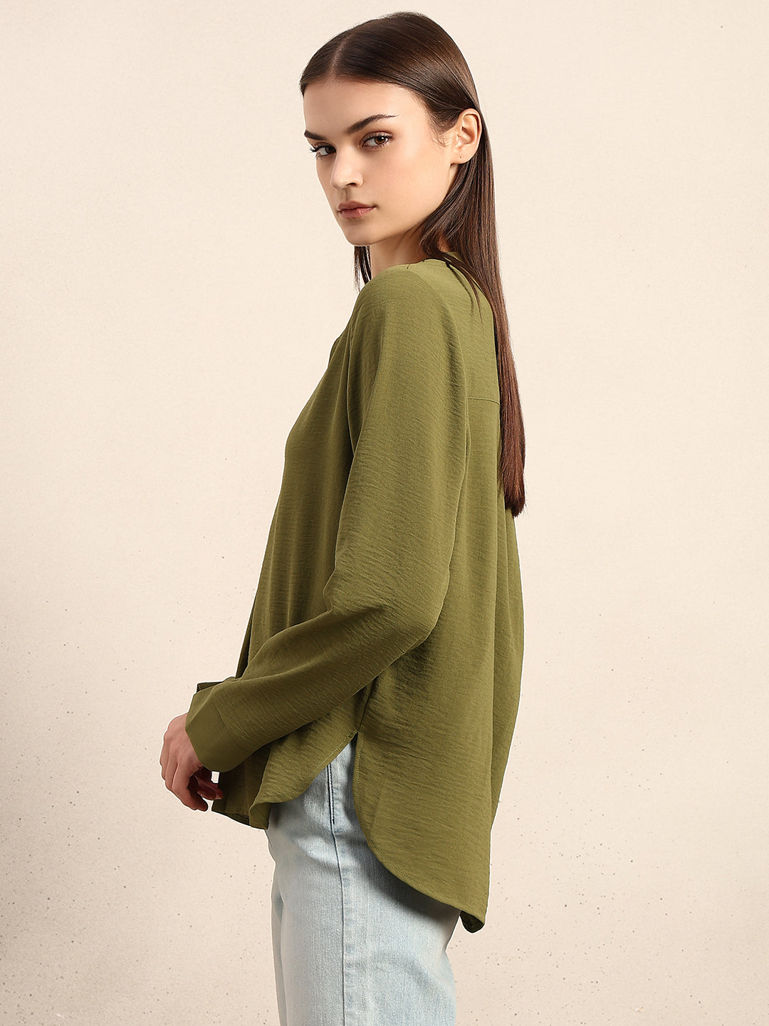 Green Button Detail V-Neck Top