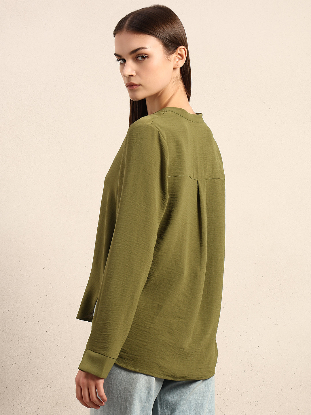 Green Button Detail V-Neck Top