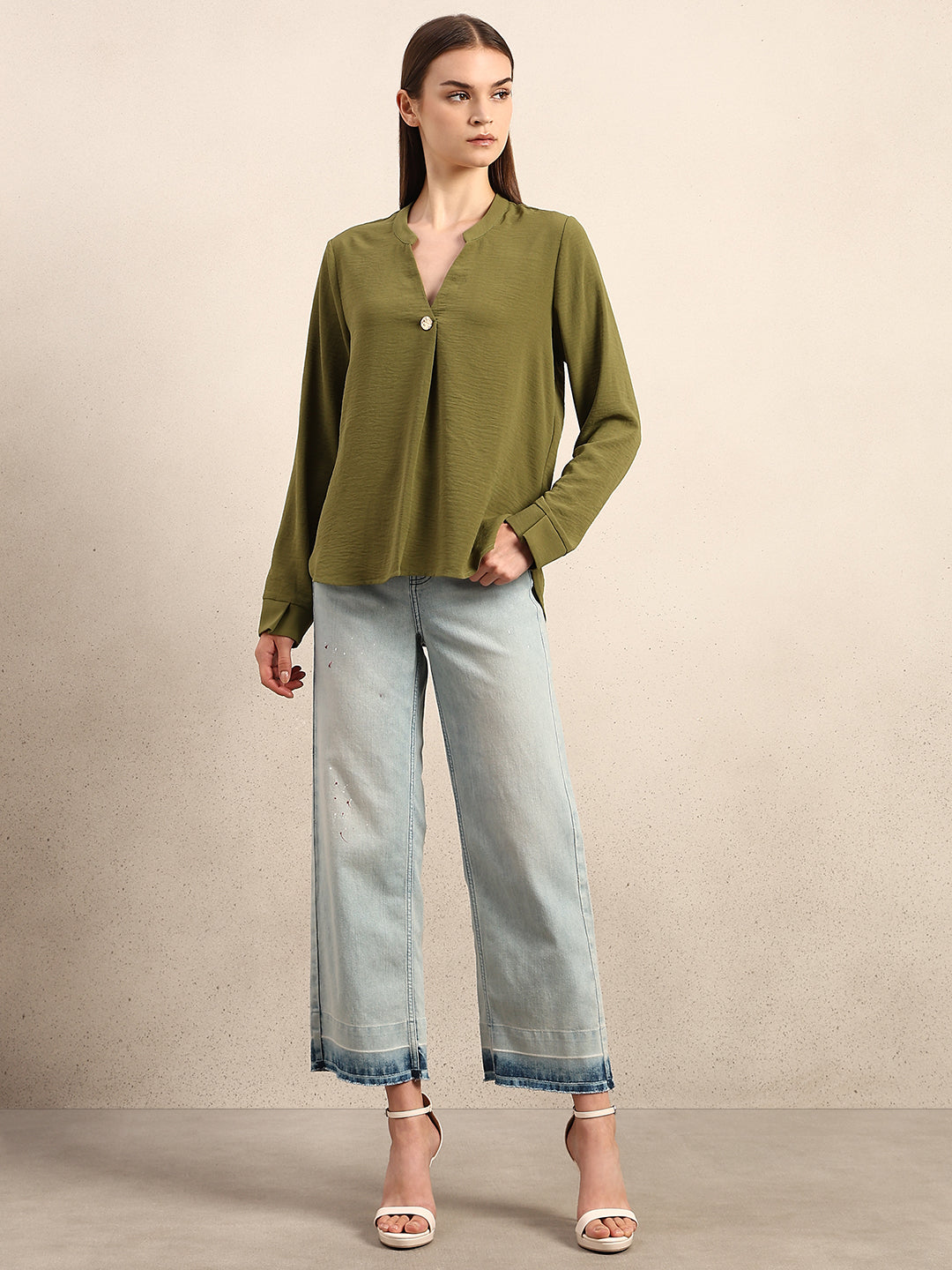 Green Button Detail V-Neck Top