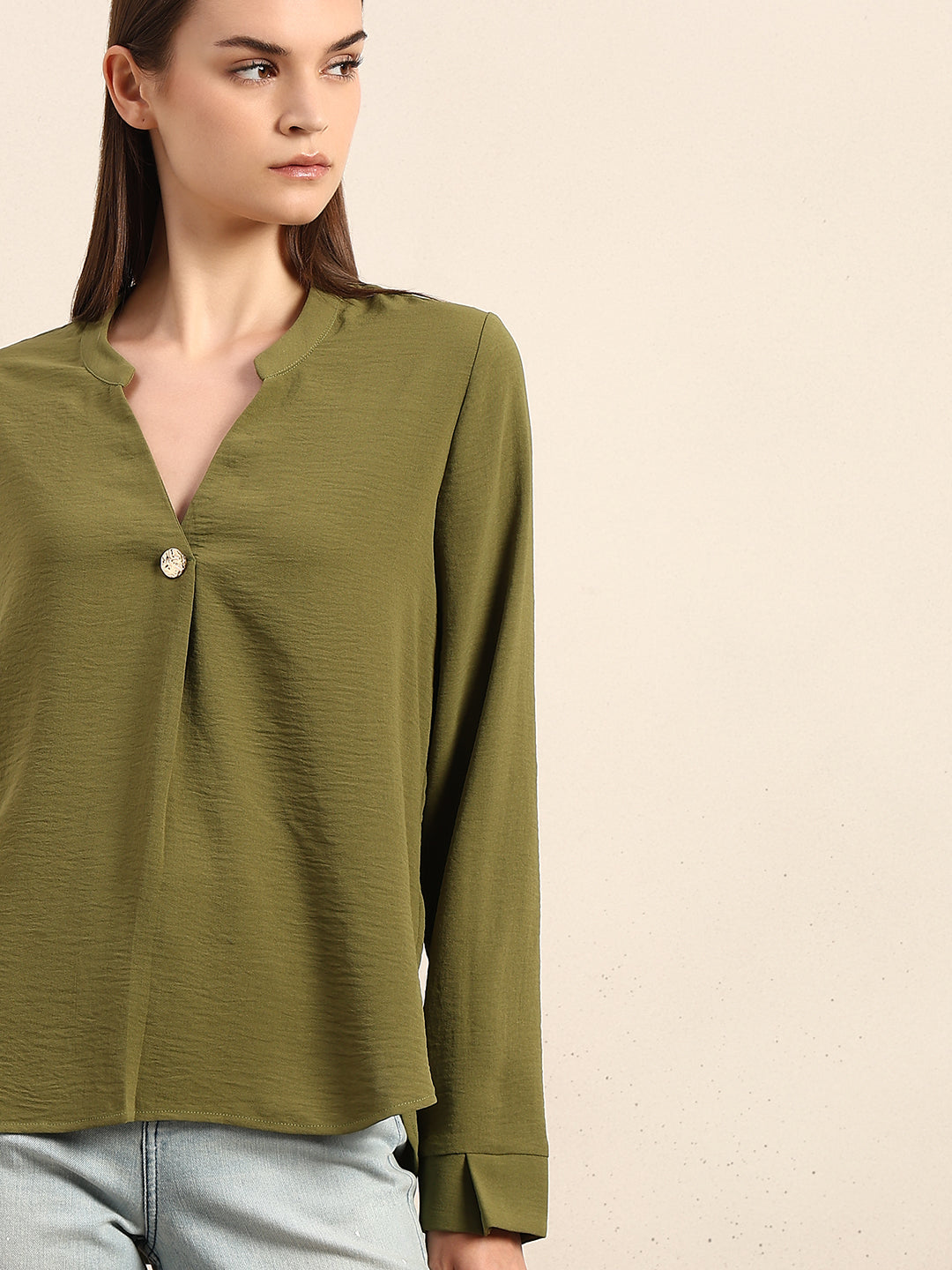 Green Button Detail V-Neck Top