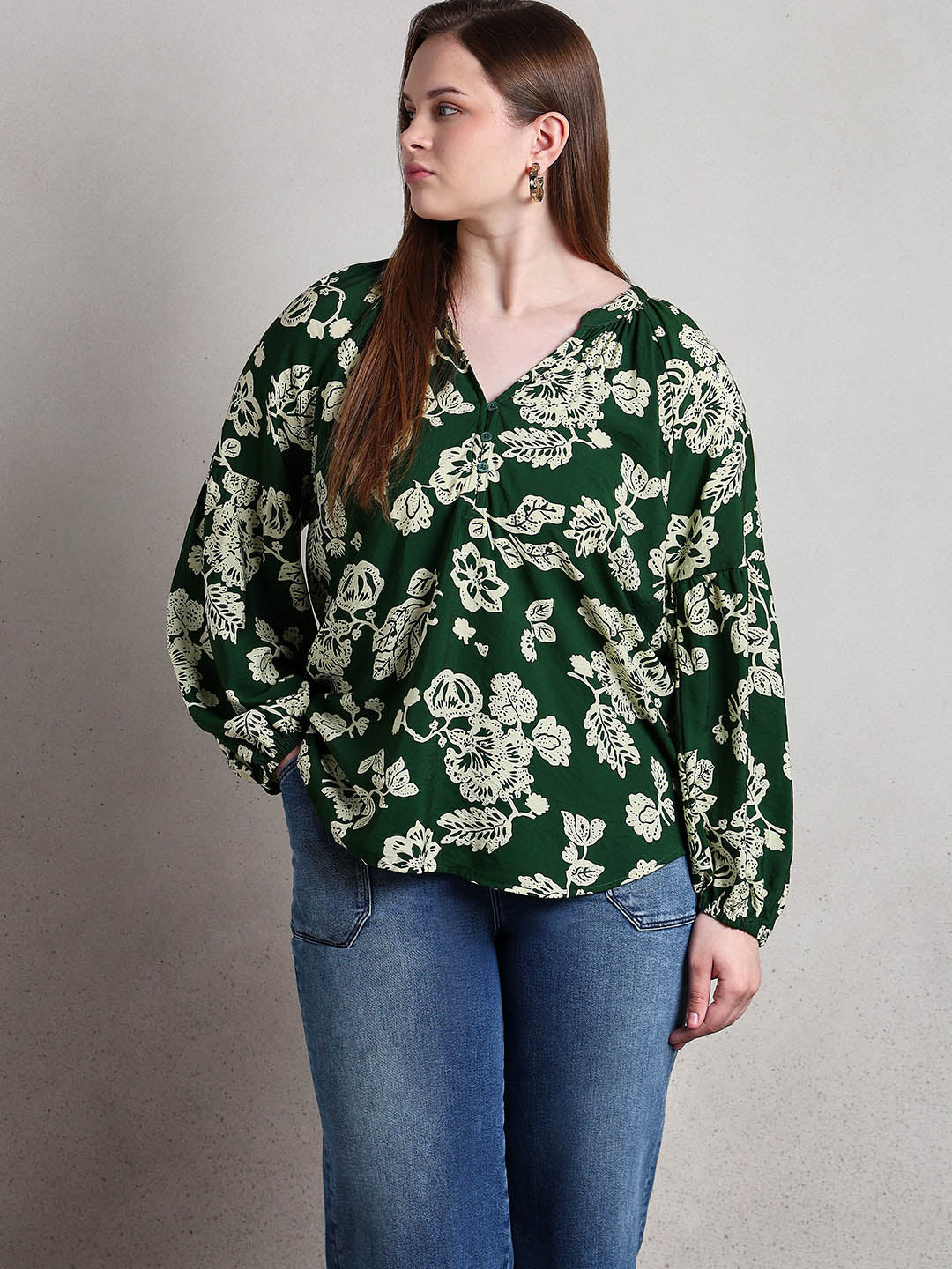 Curve Green Floral V-Neck Top