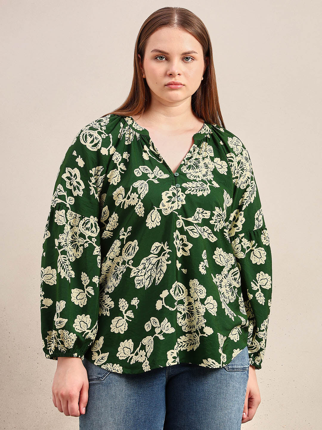Curve Green Floral V-Neck Top