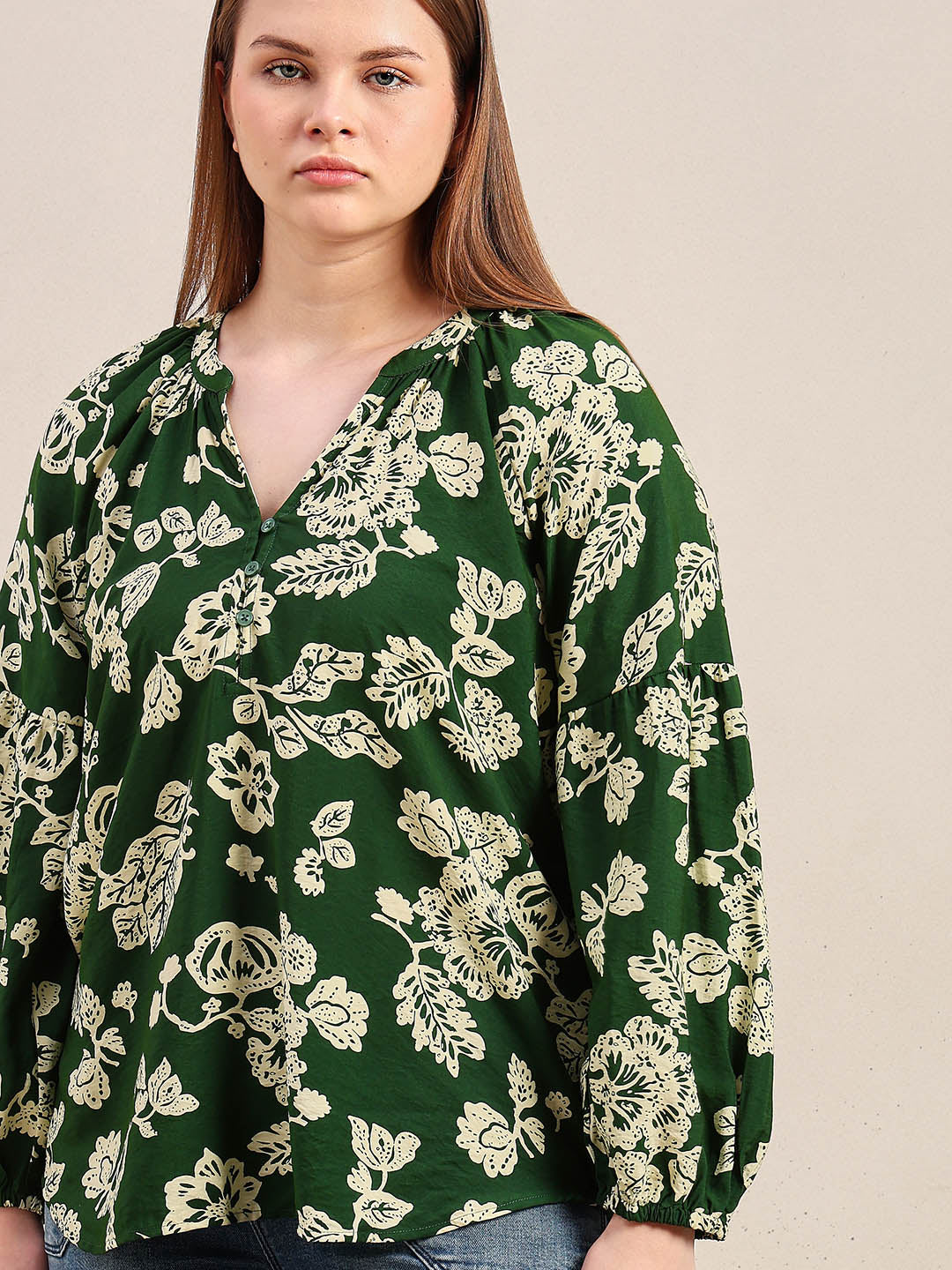 Curve Green Floral V-Neck Top