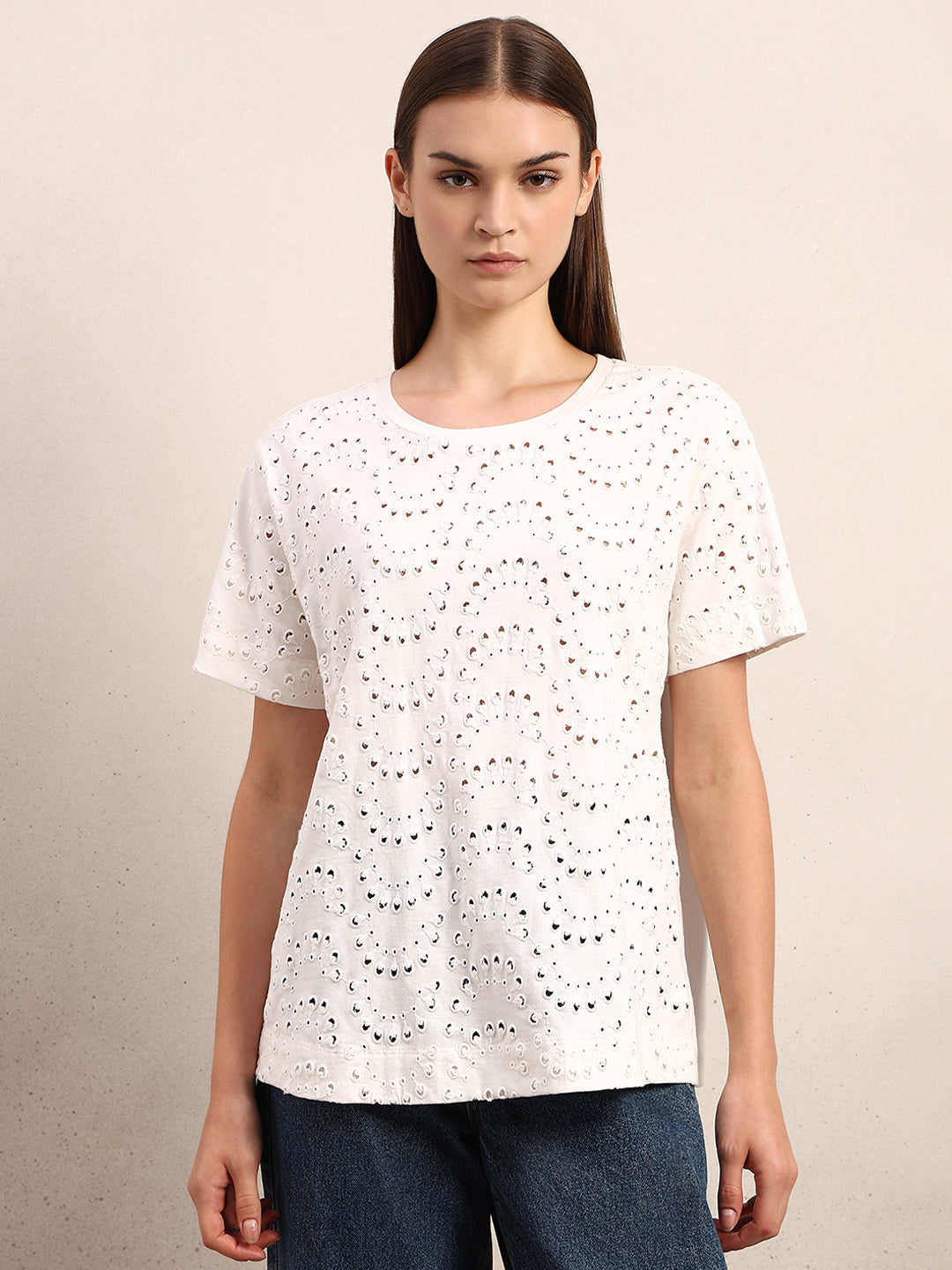 White Textured Cotton T-shirt