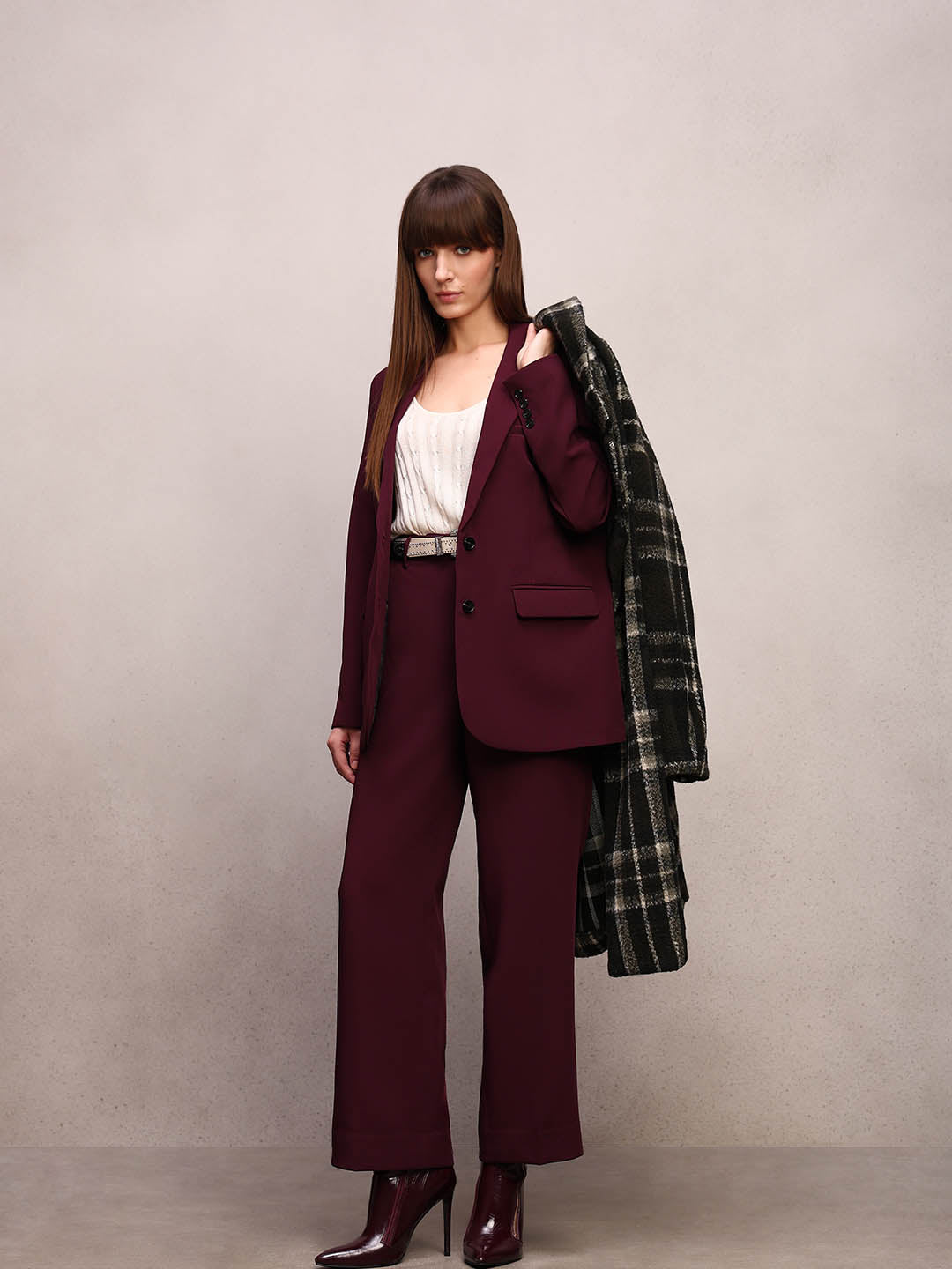 Maroon High Rise Tailored Pants