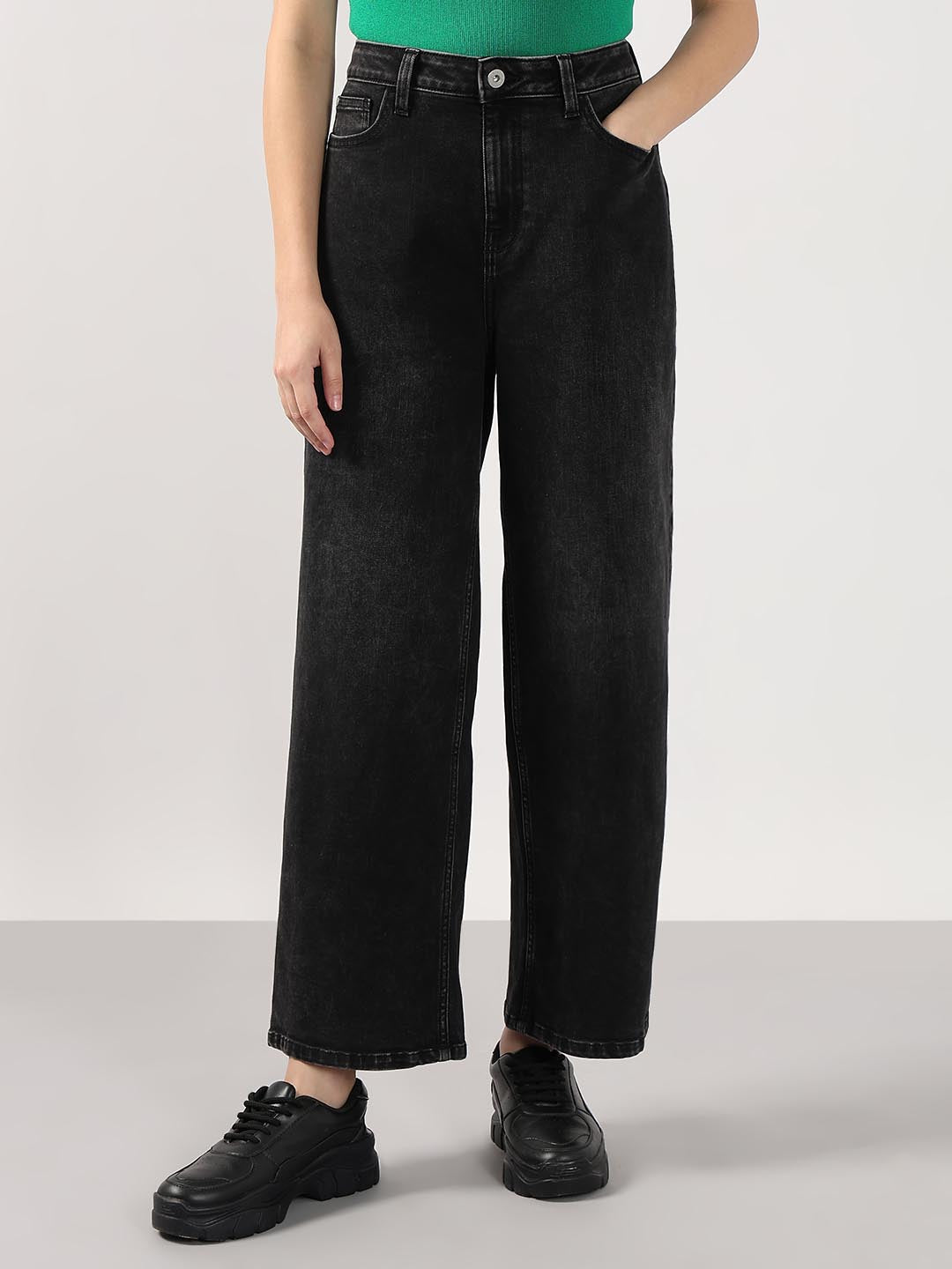 Black Mid Rise Wide Leg Jeans