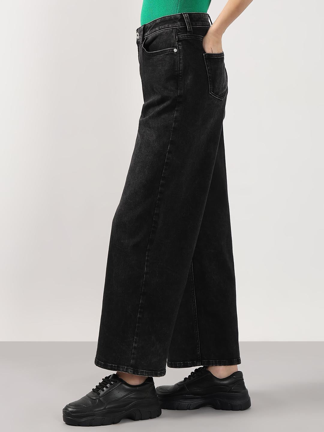 Black Mid Rise Wide Leg Jeans