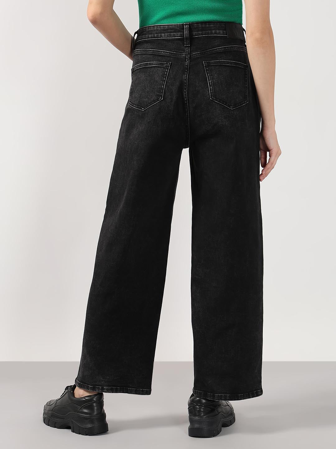 Black Mid Rise Wide Leg Jeans