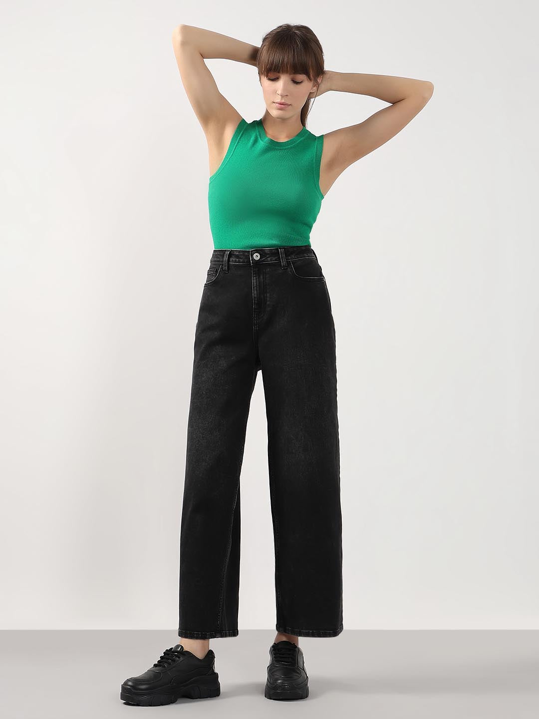 Black Mid Rise Wide Leg Jeans