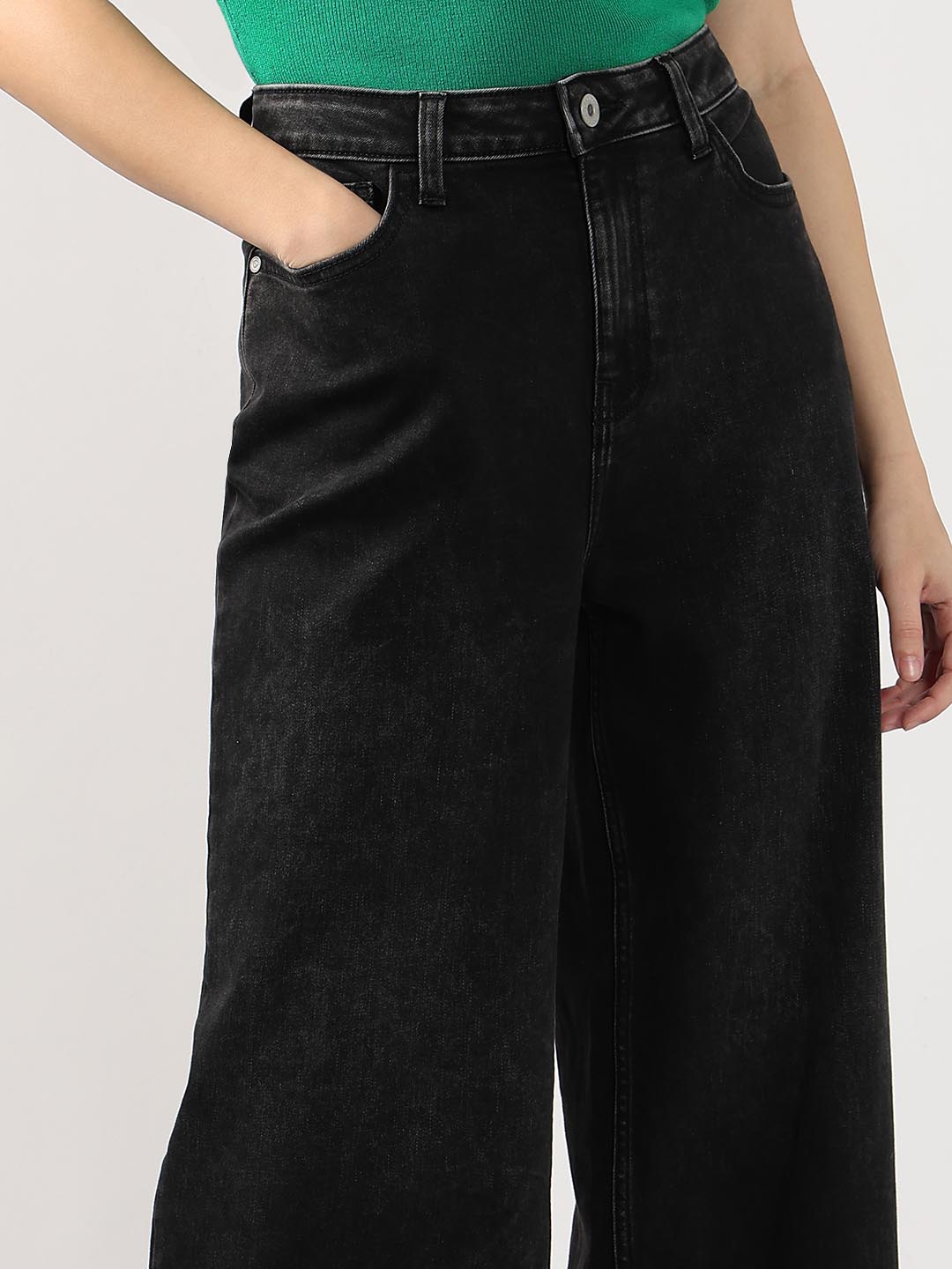 Black Mid Rise Wide Leg Jeans